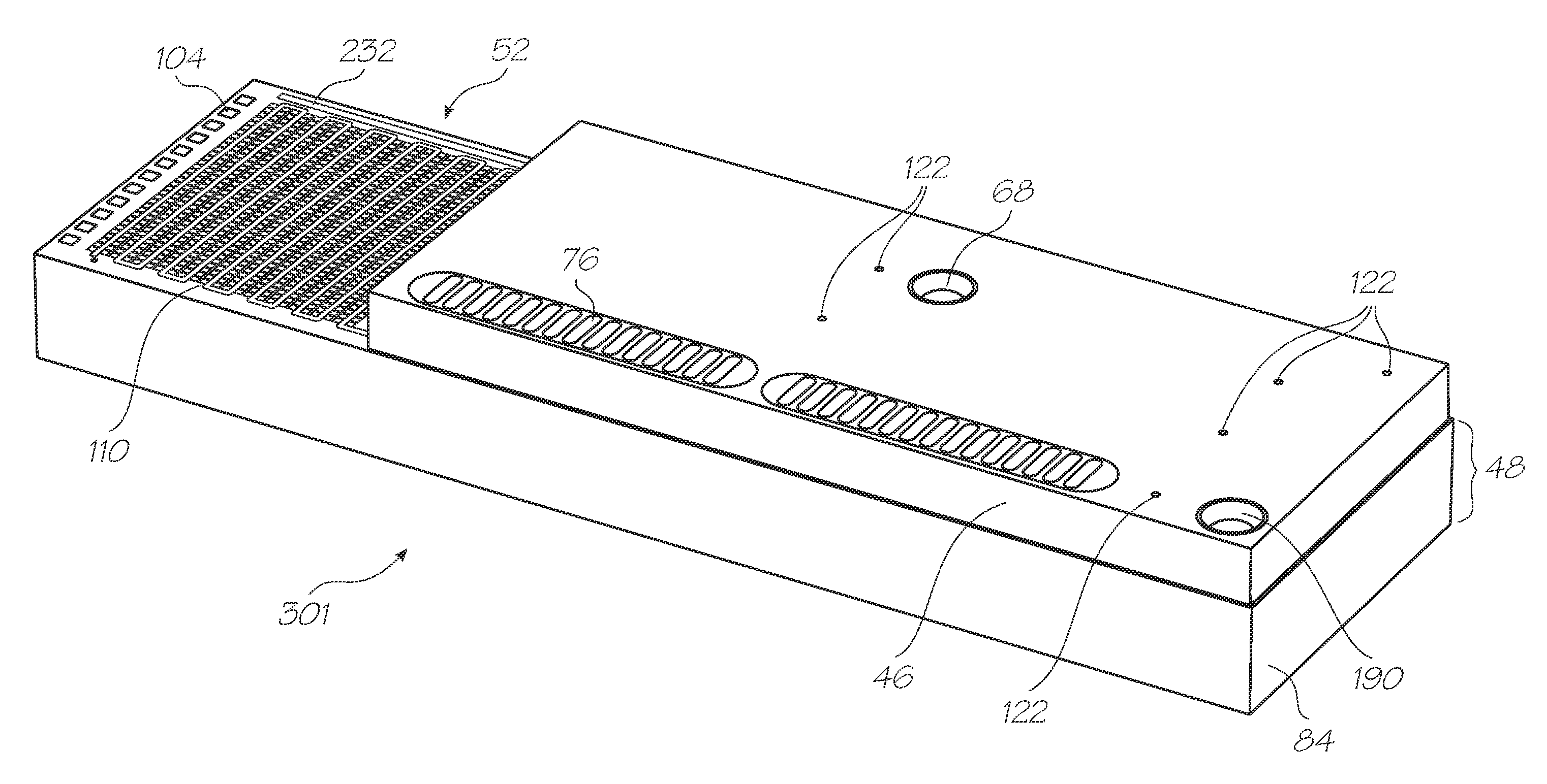 Loc device with hybridization chambers containing probes for electrochemiluminescent detection of target nucleic acid sequences in a fluid and calibration chamber containing probes sealed from the fluid