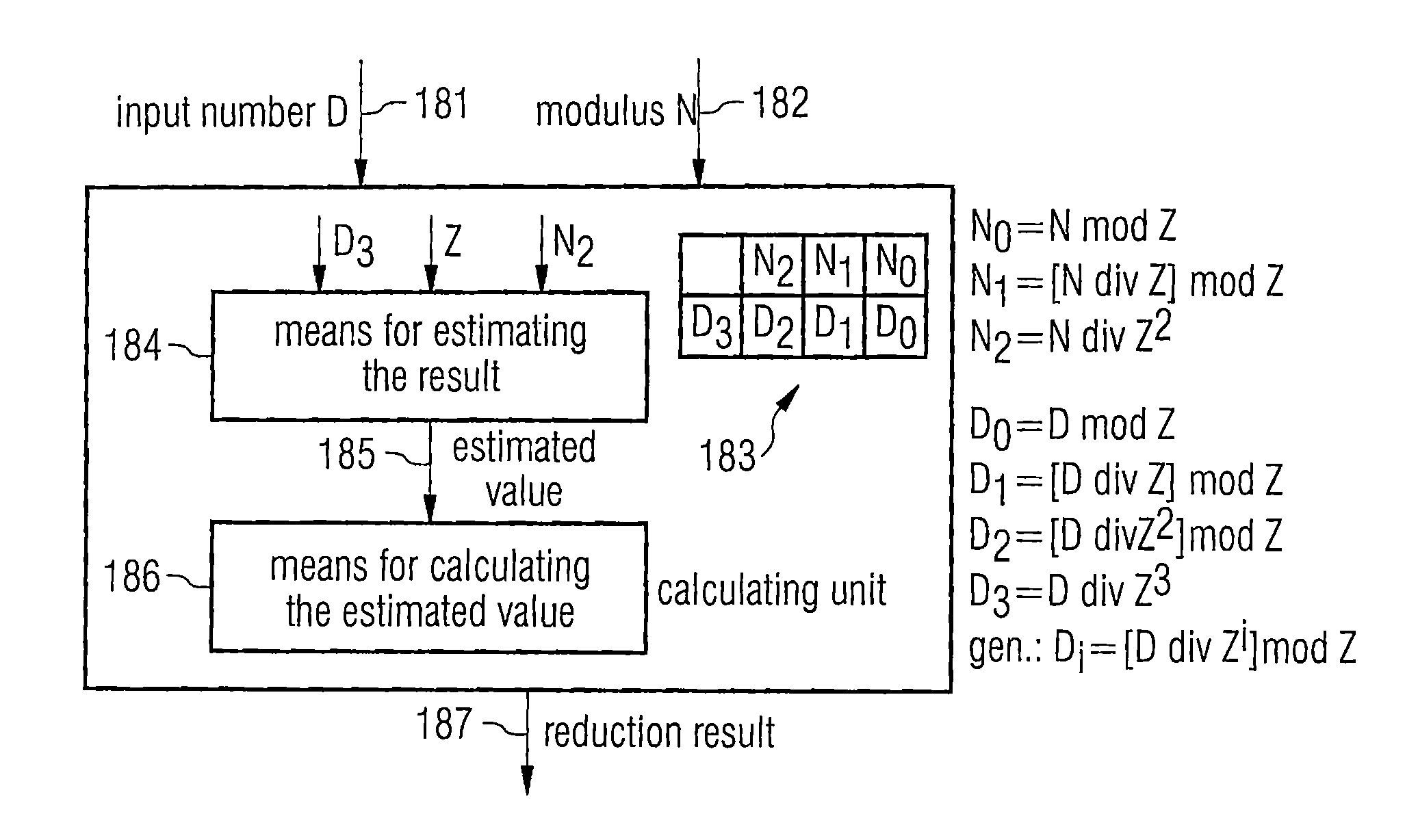 Calculating unit for reducing an input number with respect to a modulus