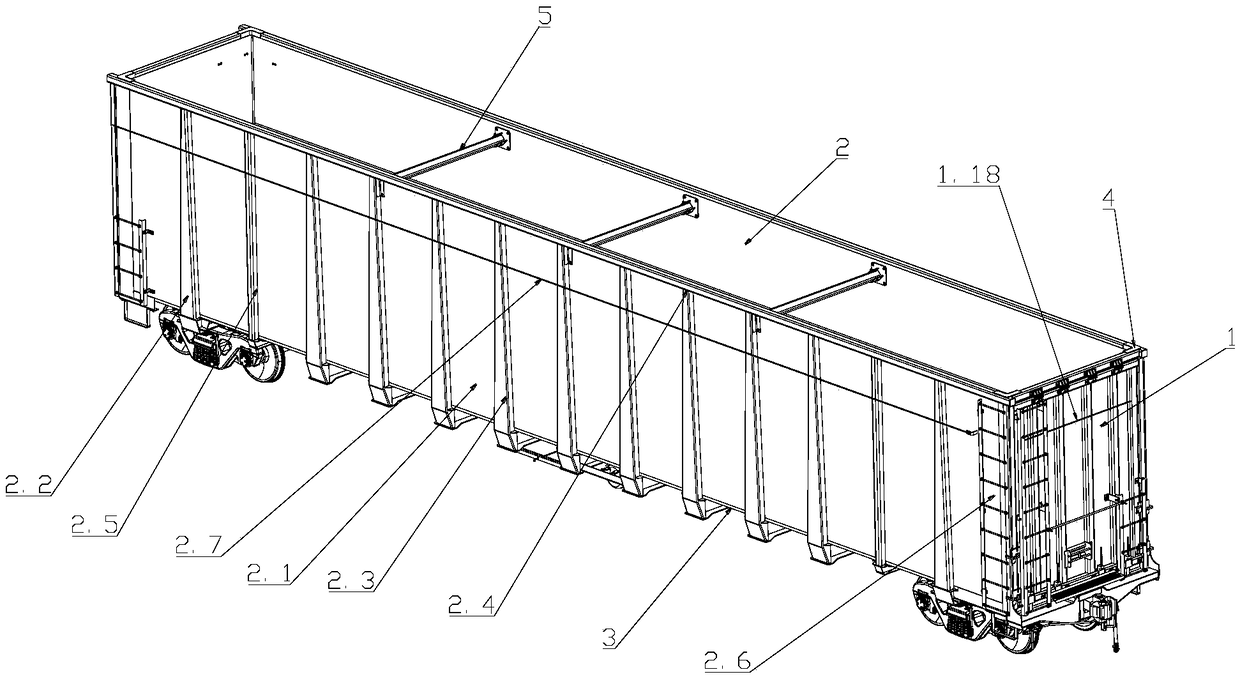 An open wagon car, a railway open wagon car and a method for unloading goods of the railway open wagon car