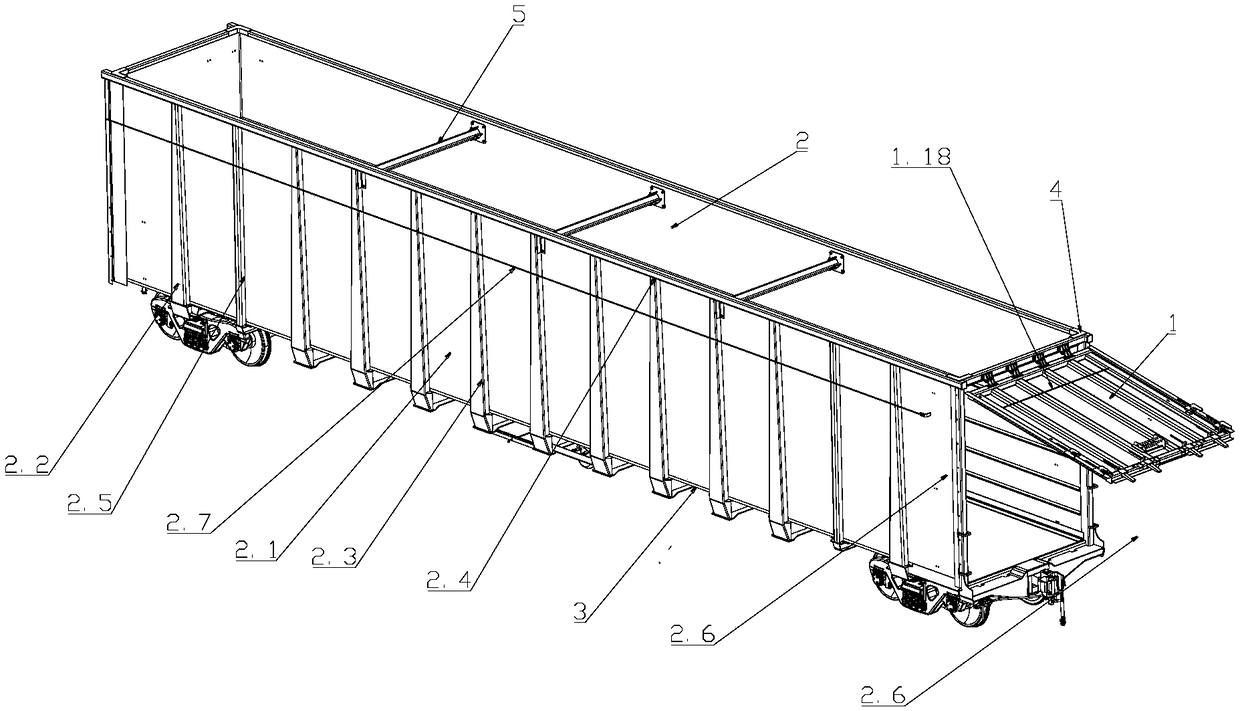 An open wagon car, a railway open wagon car and a method for unloading goods of the railway open wagon car