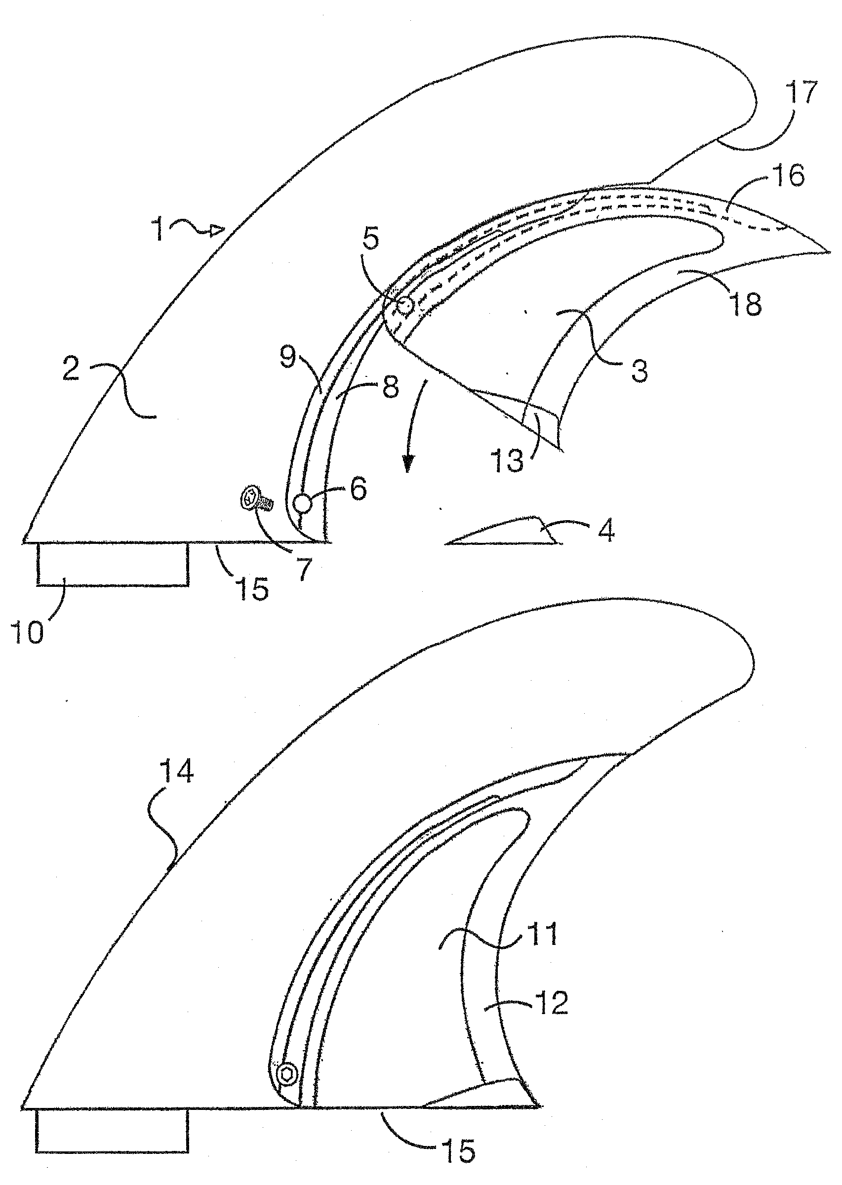 Fin or Keel with Flexible Portion for Surfboards, Sailboards of the Like