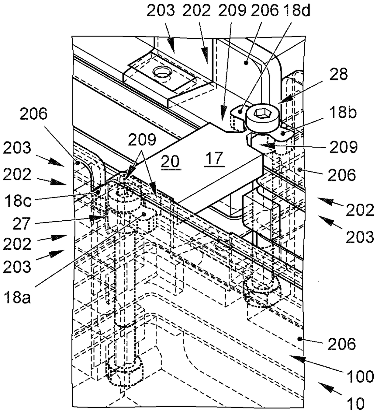 Device for fixing at least battery module at the bottom of a housing of a battery housing