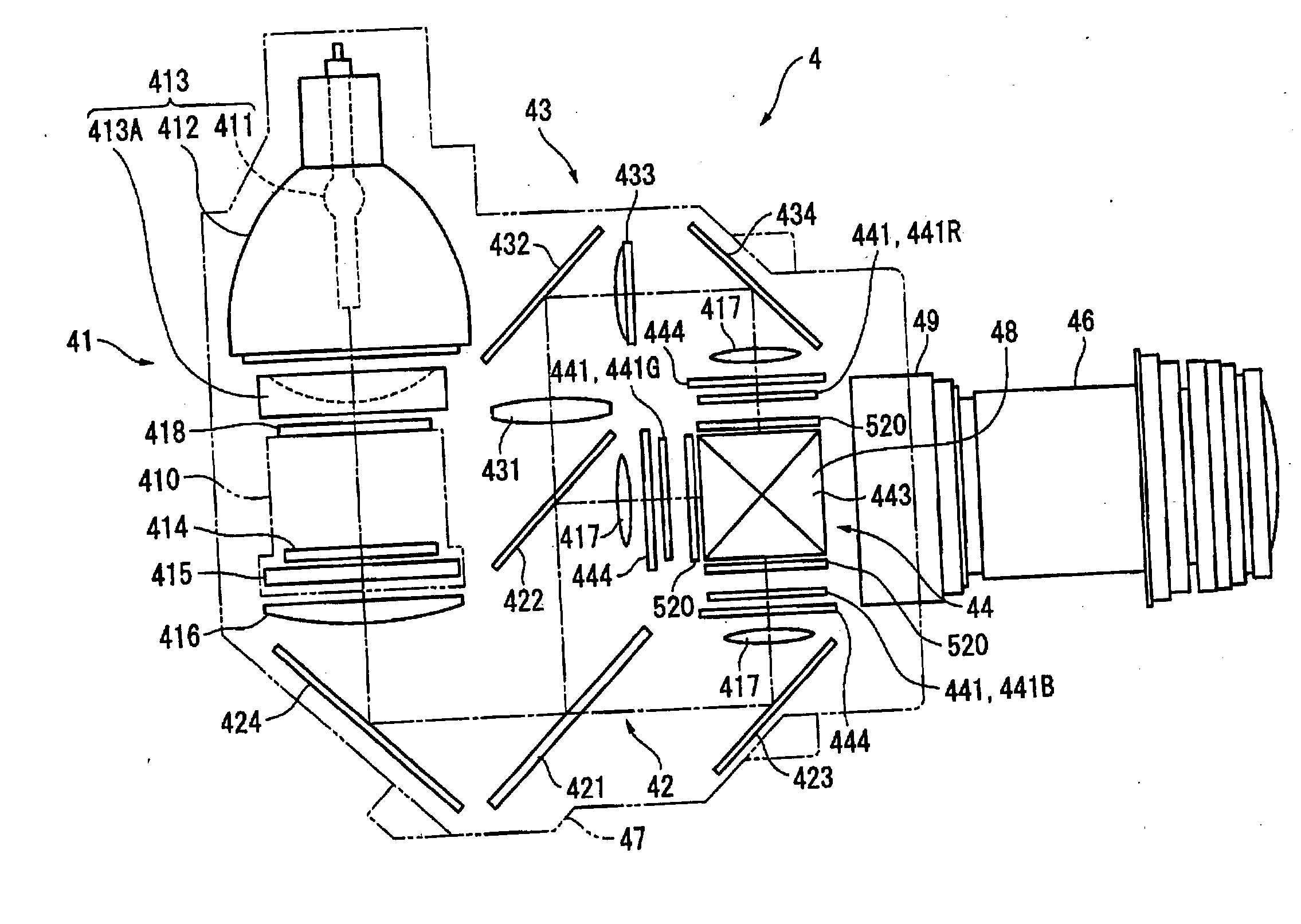 Optical device and projector having the optical device