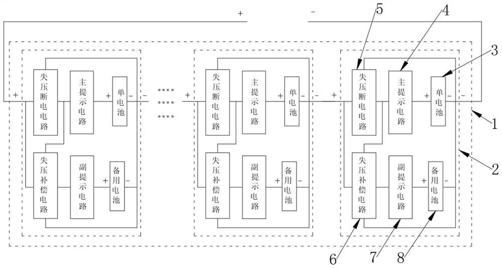 Storage battery pack open circuit monitoring and voltage loss compensation device