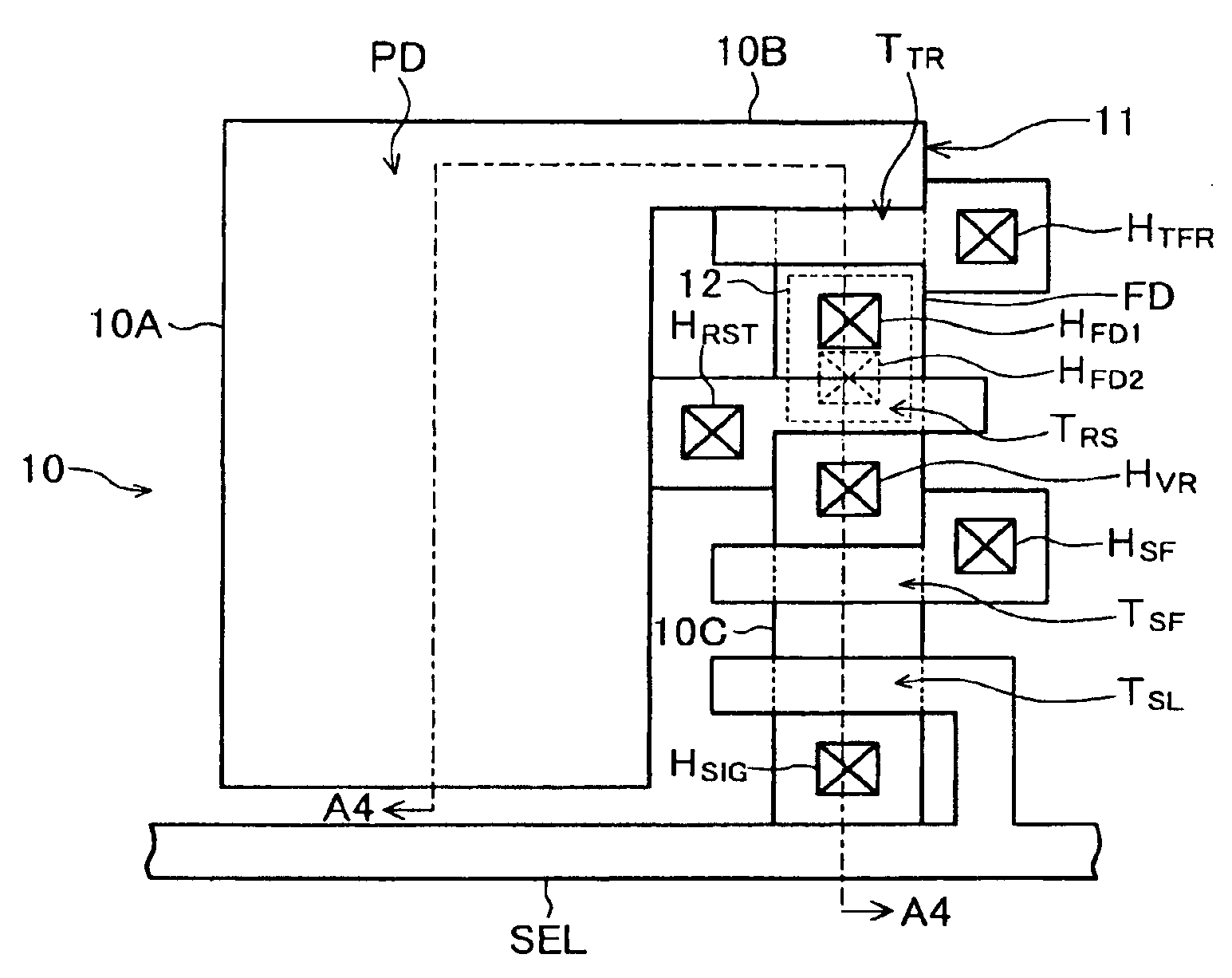 Semiconductor device for reading signal from photodiode via transistors