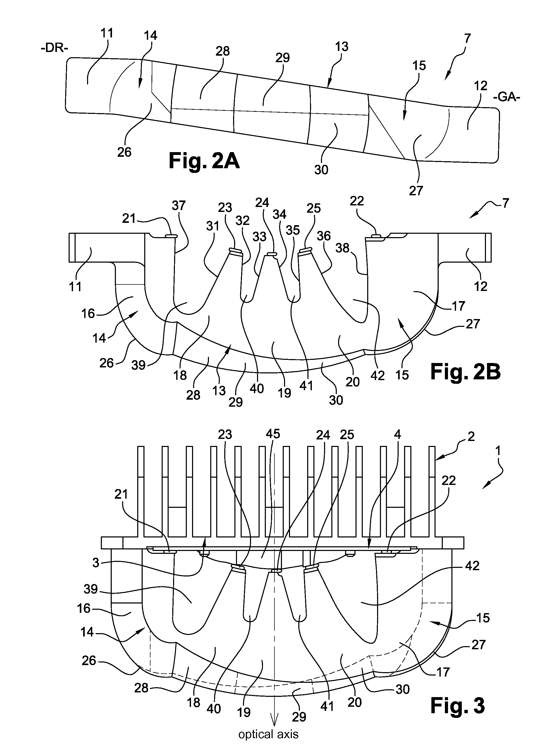 Vehicle lighting device using a multiple-source optical lens