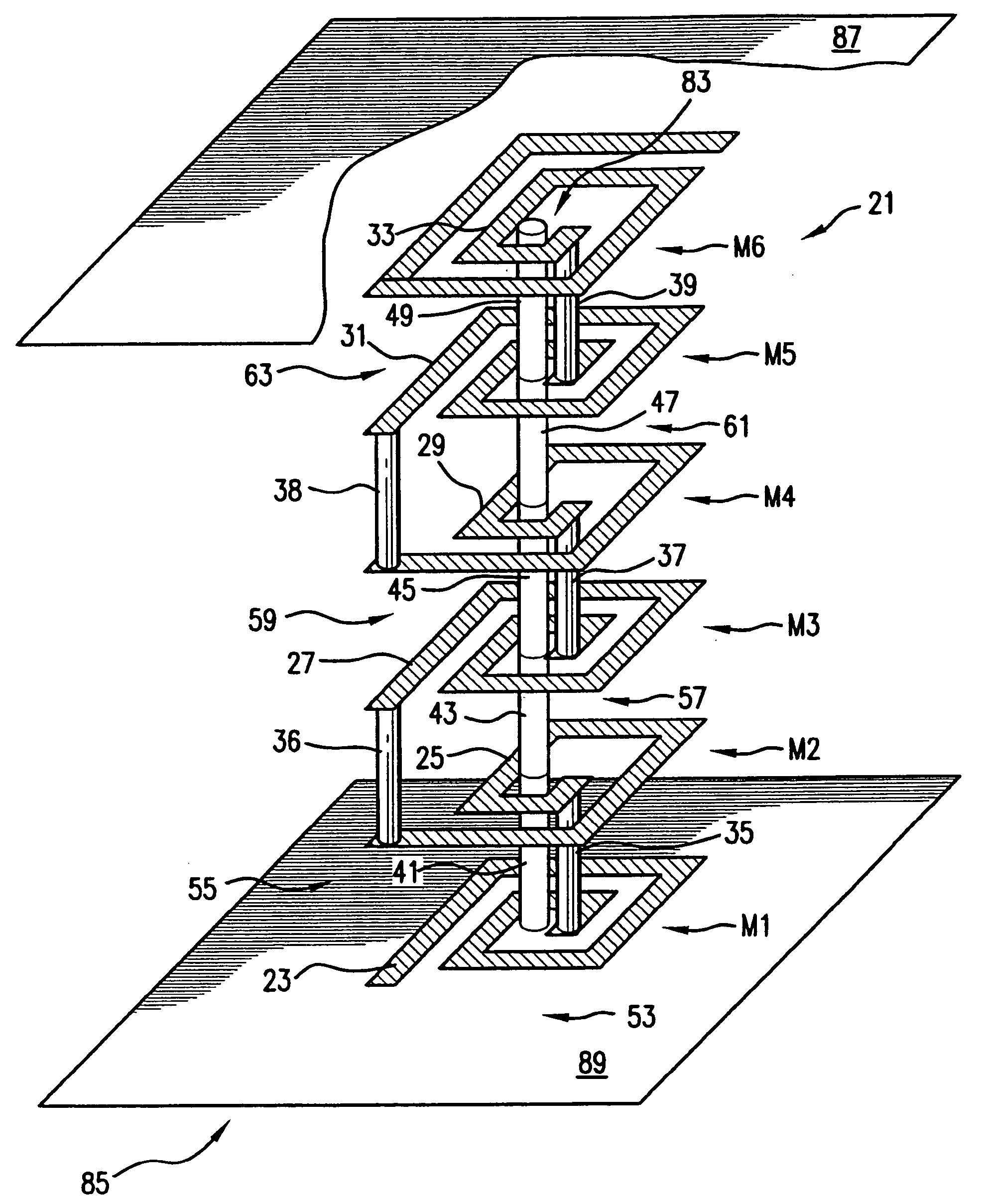 Compact inductor with stacked via magnetic cores for integrated circuits