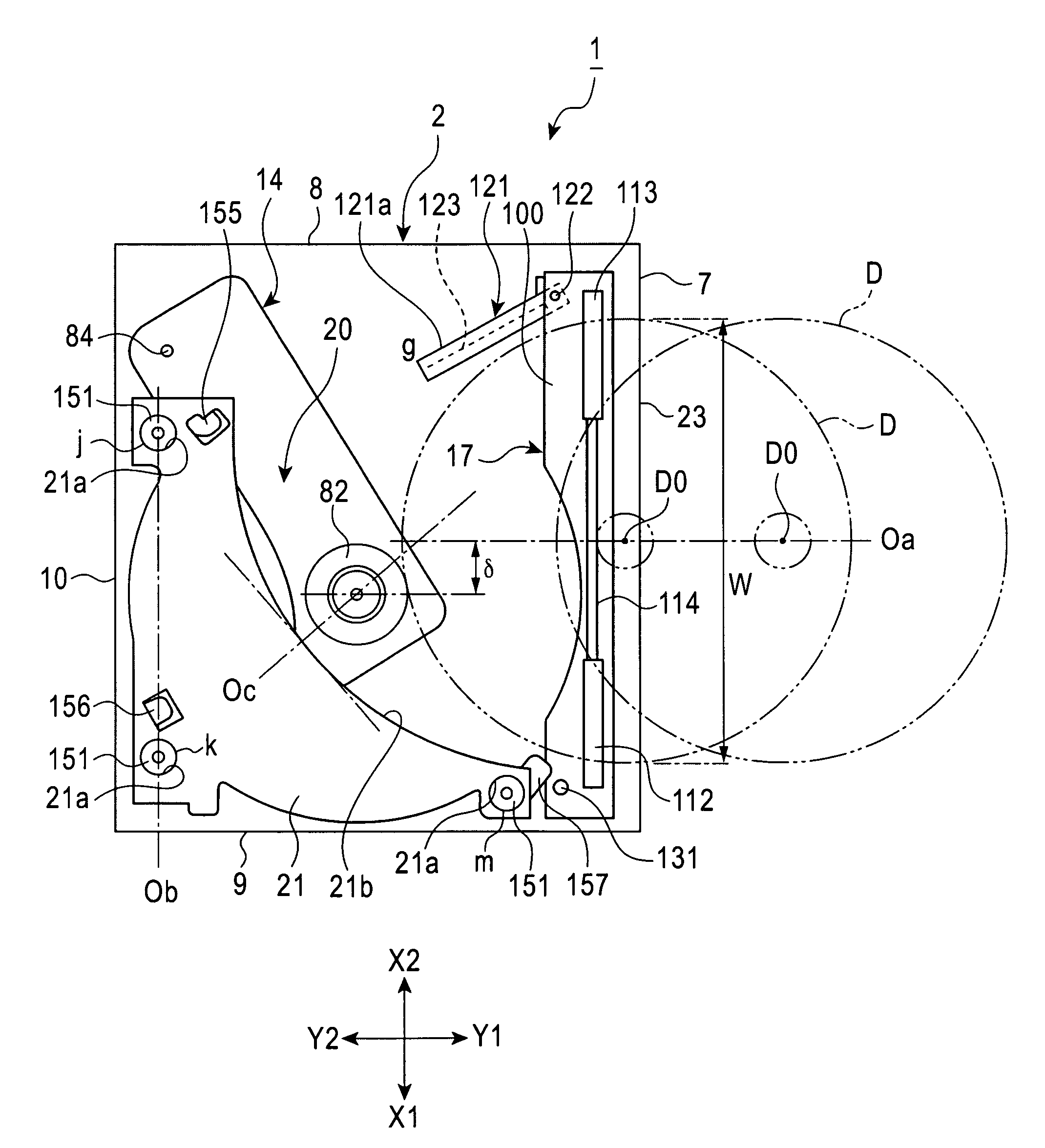 Disk-storing disk device having a drive unit and a transporting-unit supported about fulcrum