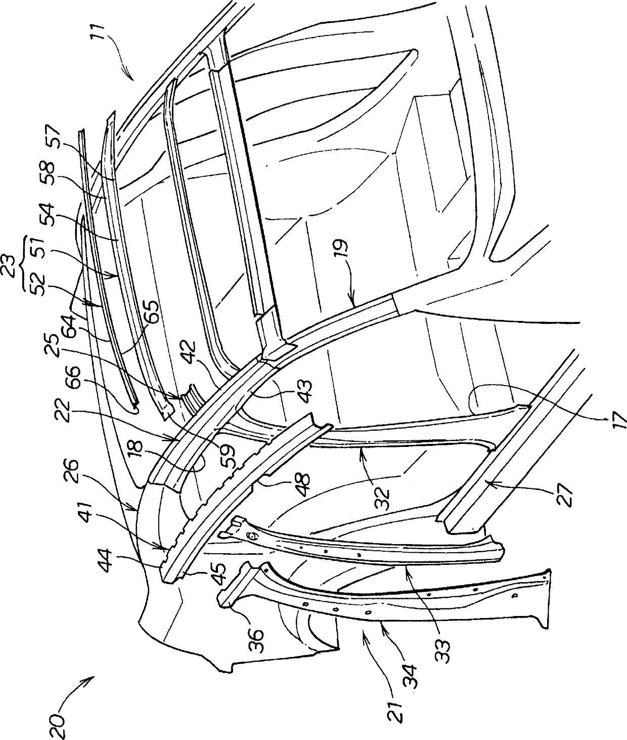 Upper vehicle body structure of automobile