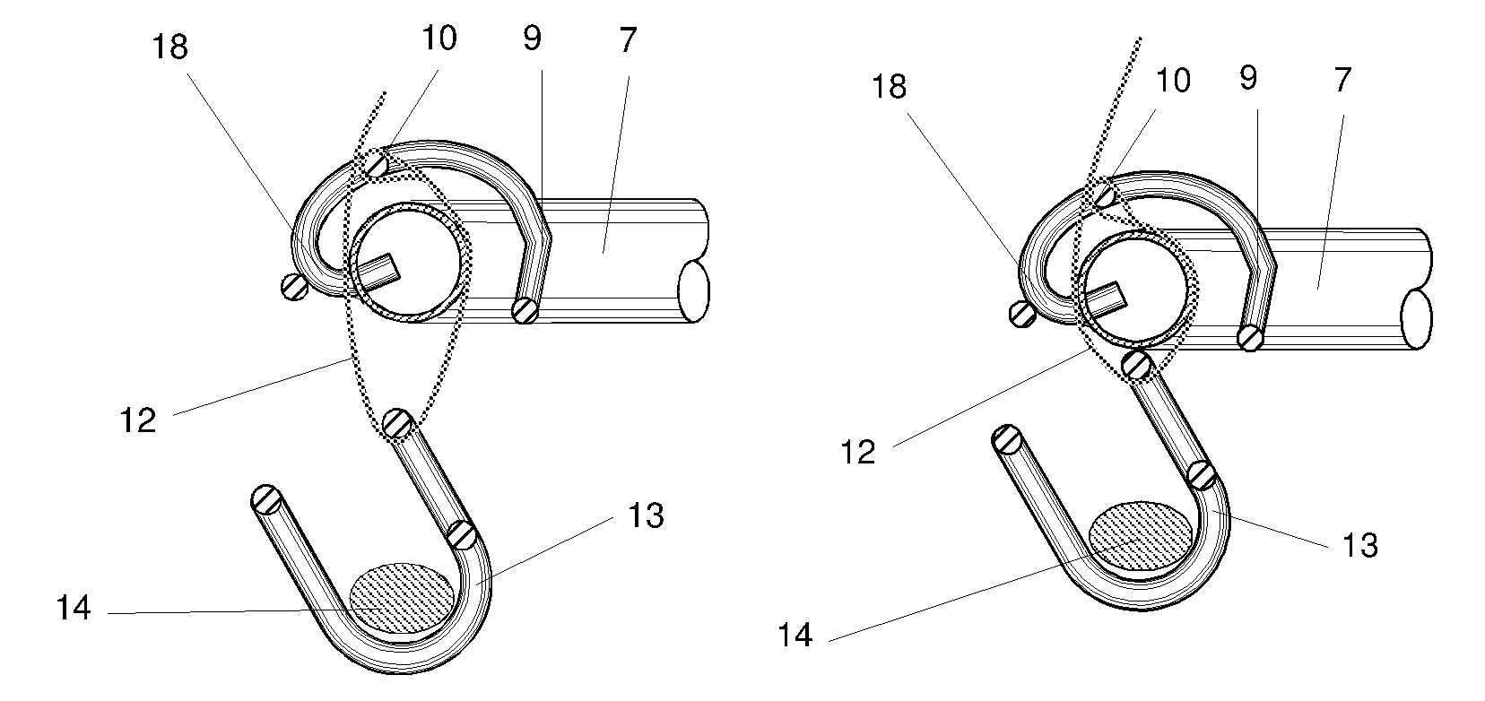 Device for handling a load hoisted between two locations offset both vertically and horizontally