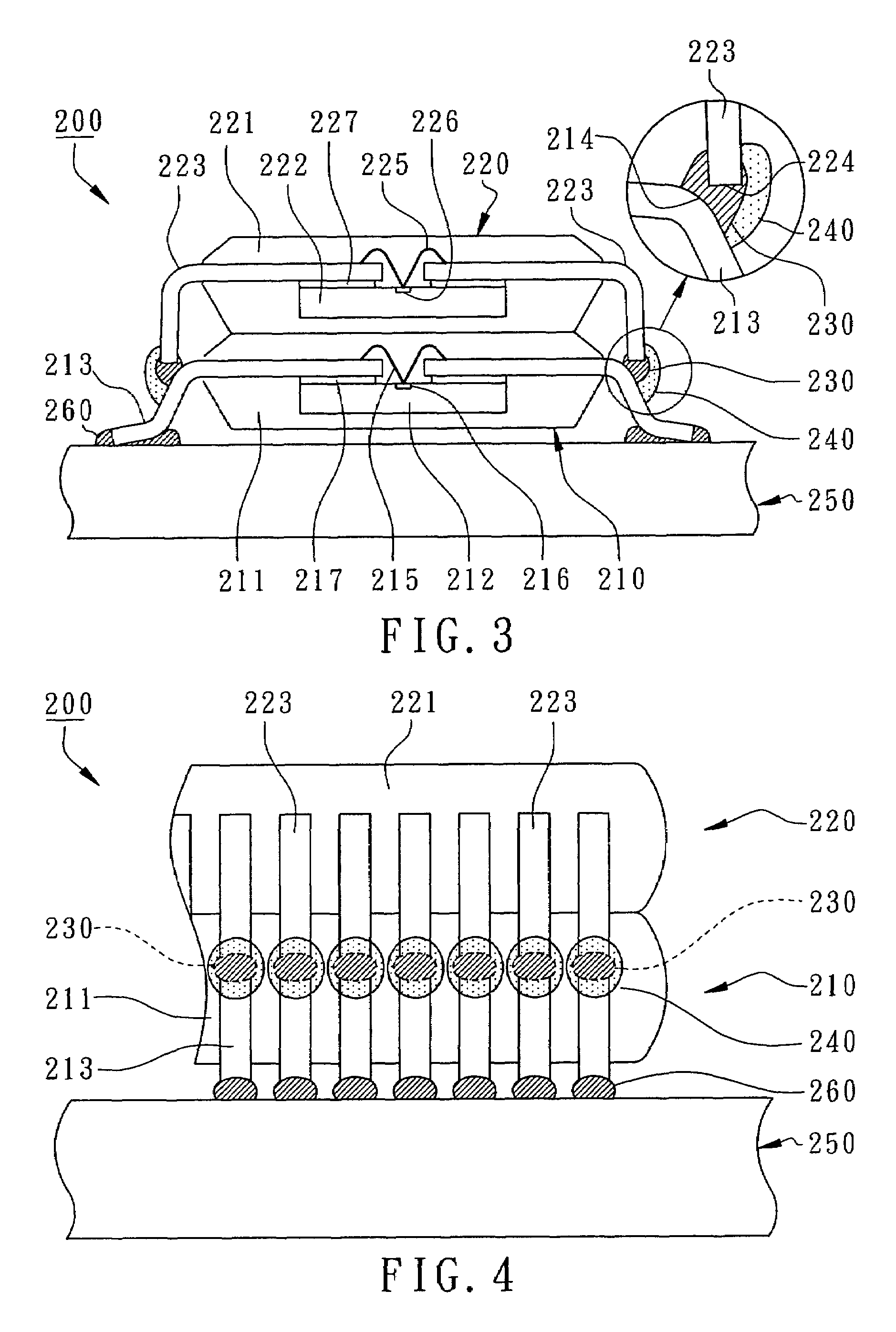 POP (package-on-package) device encapsulating soldered joints between external leads