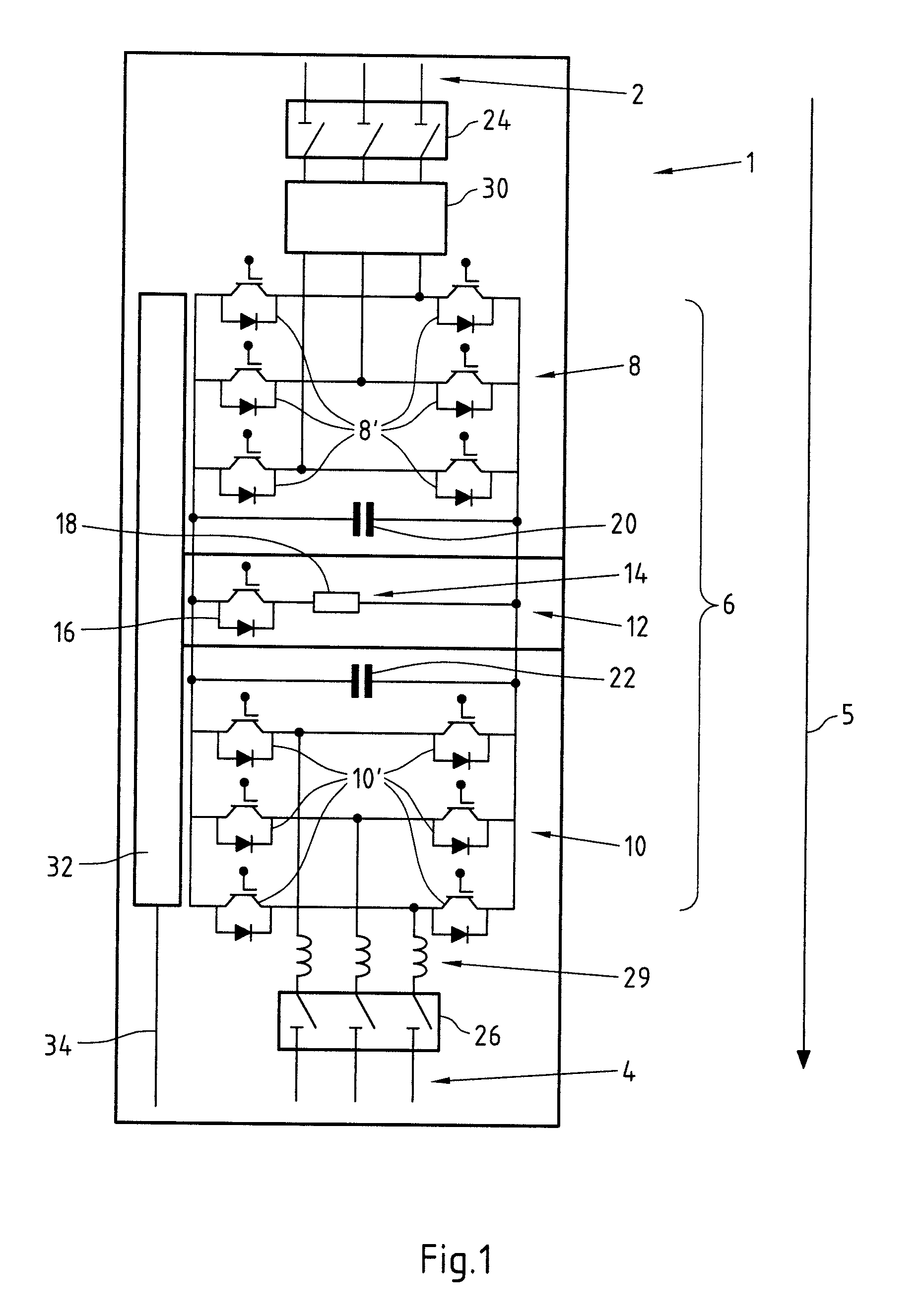 Power switchgear cabinet of a device for producing electric energy
