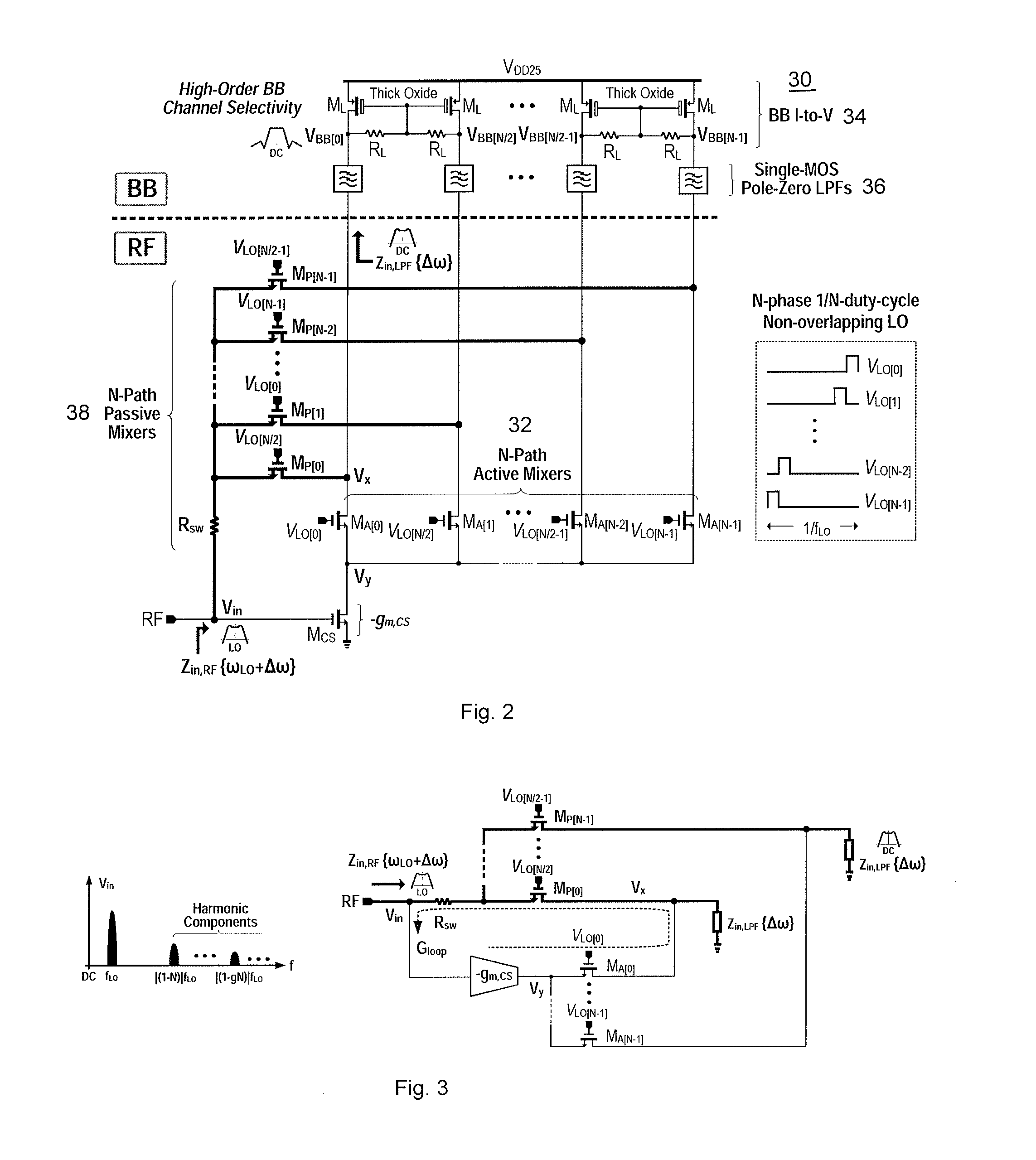 RF-to-BB-current-reuse wideband receiver with parallel N-path active/passive mixers