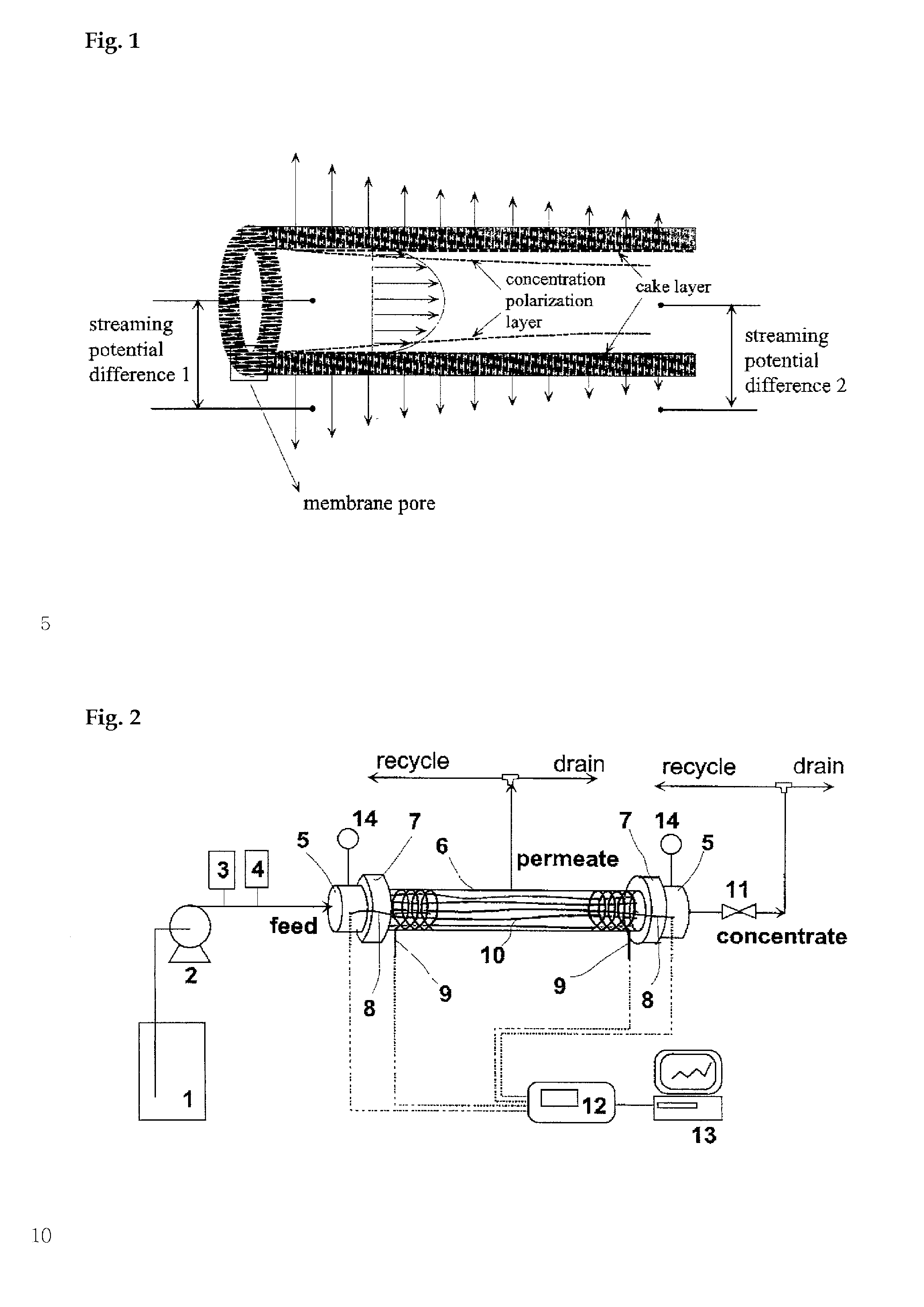 Equipment and method of local streaming potential measurement for monitoring the process of membrane fouling in hollow-fiber membrane filtrations