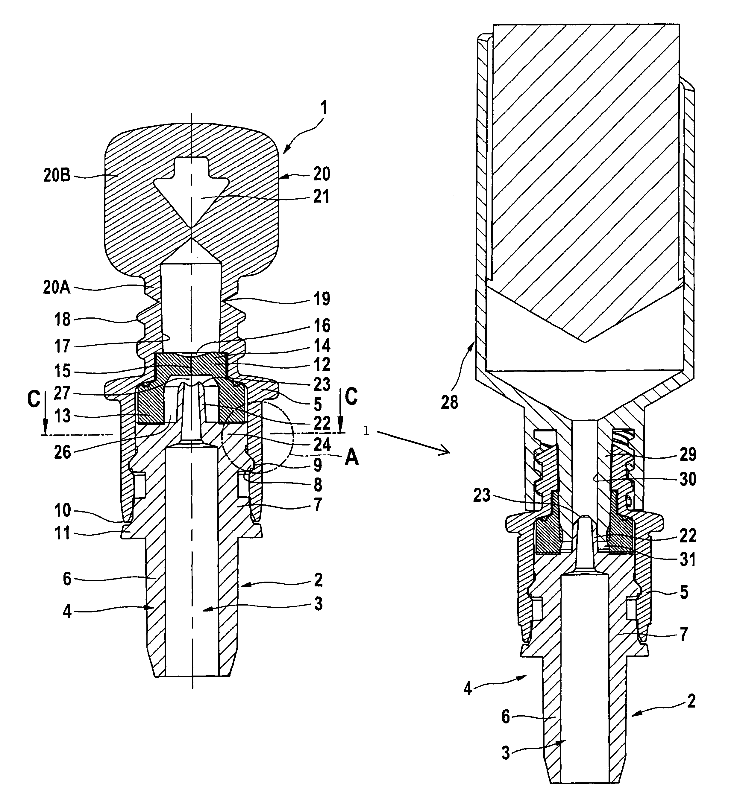 Connector having a membrane, for connecting a syringe to a container or tubing