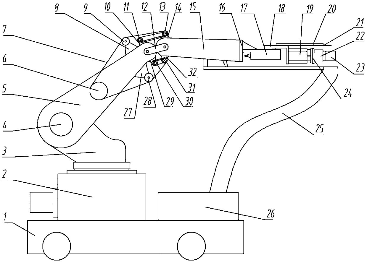 Line drive based inclination angle adjustment mechanical arm and fruit picking device
