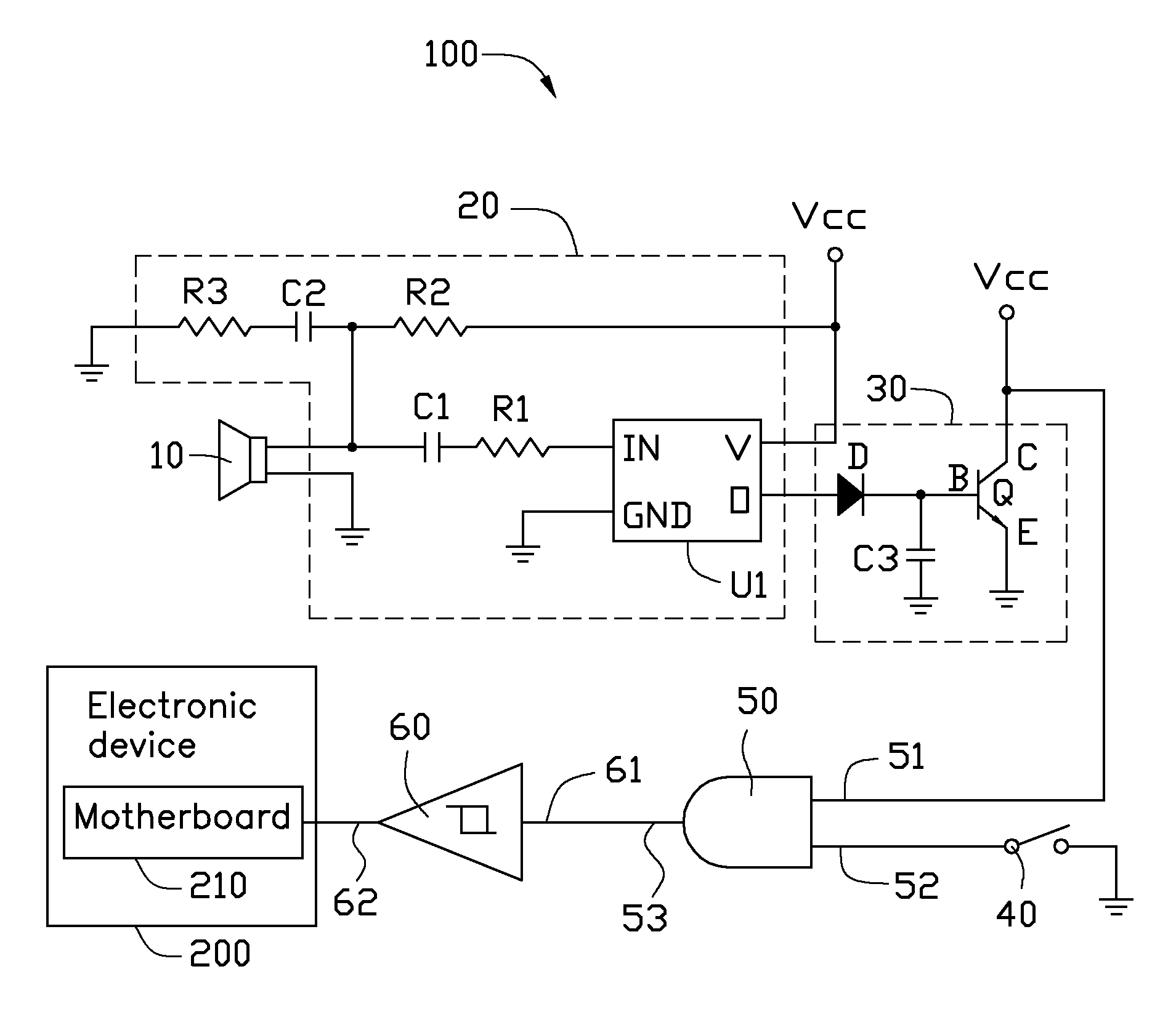 Voice control circuit for starting electronic devices