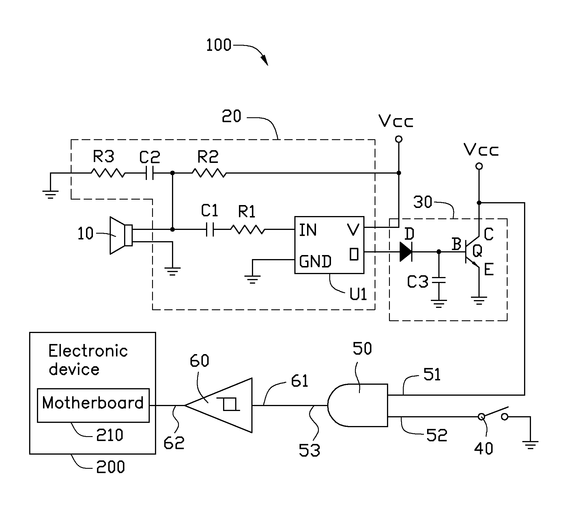 Voice control circuit for starting electronic devices