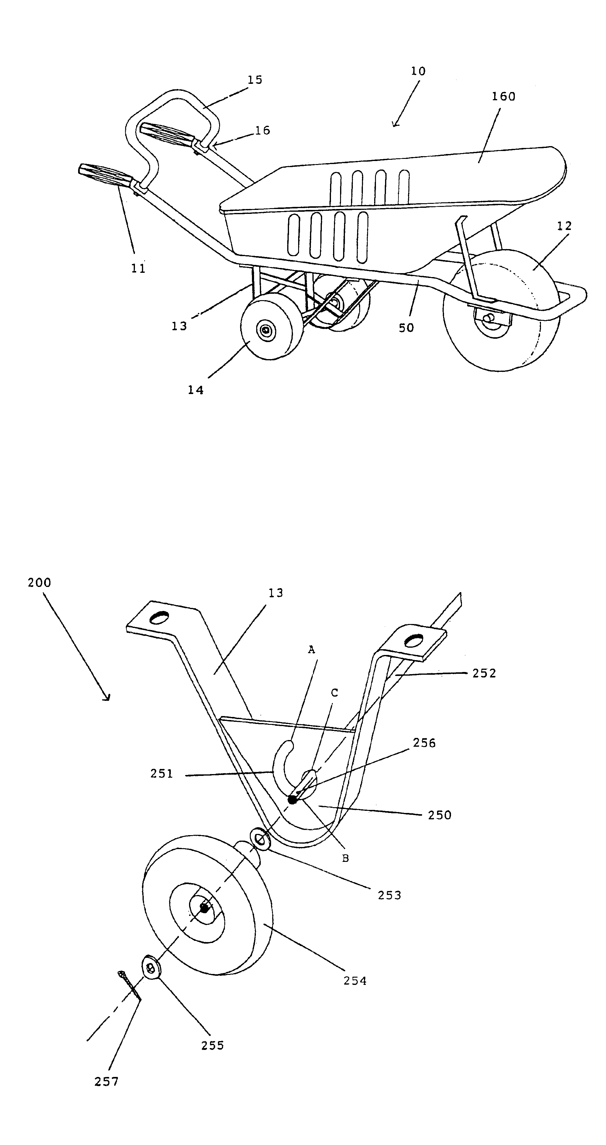 Three wheeled wheelbarrow with handle adaptor