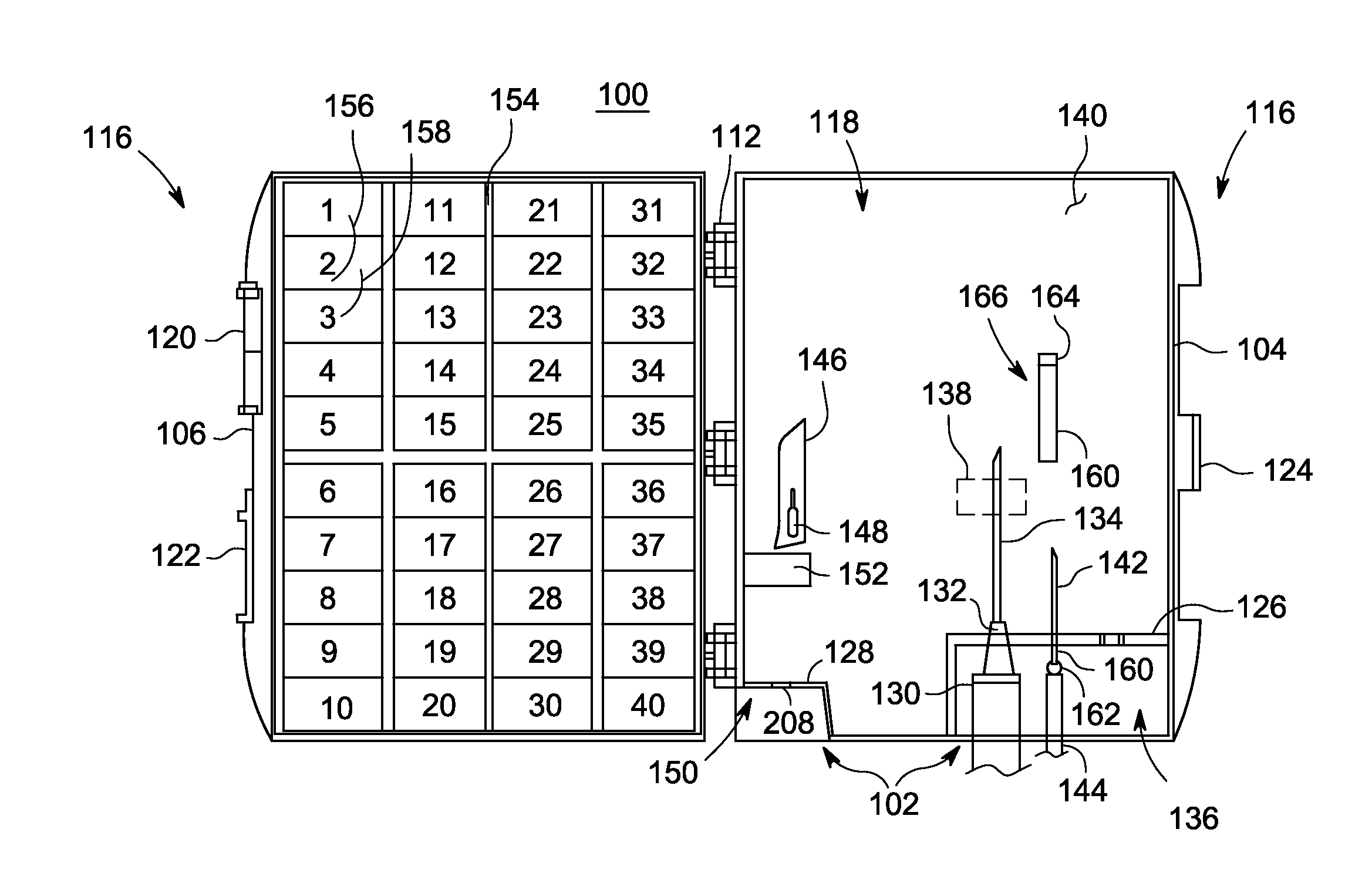 Sharps container for removing and containing blades from round scalpel handles