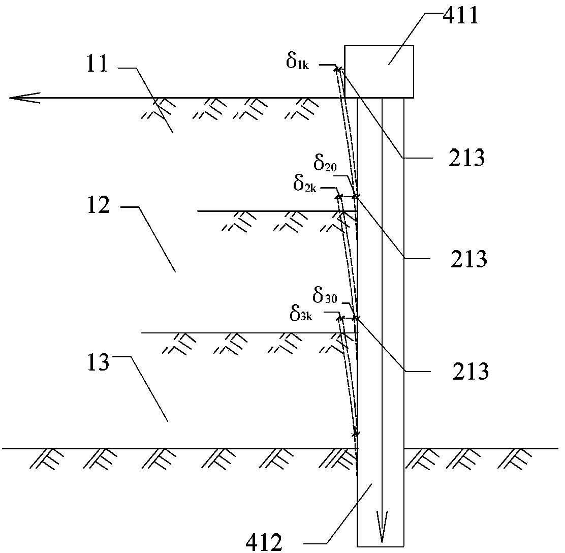 Measuring device and measuring method for layering horizontal displacement of base pit enclosing structure