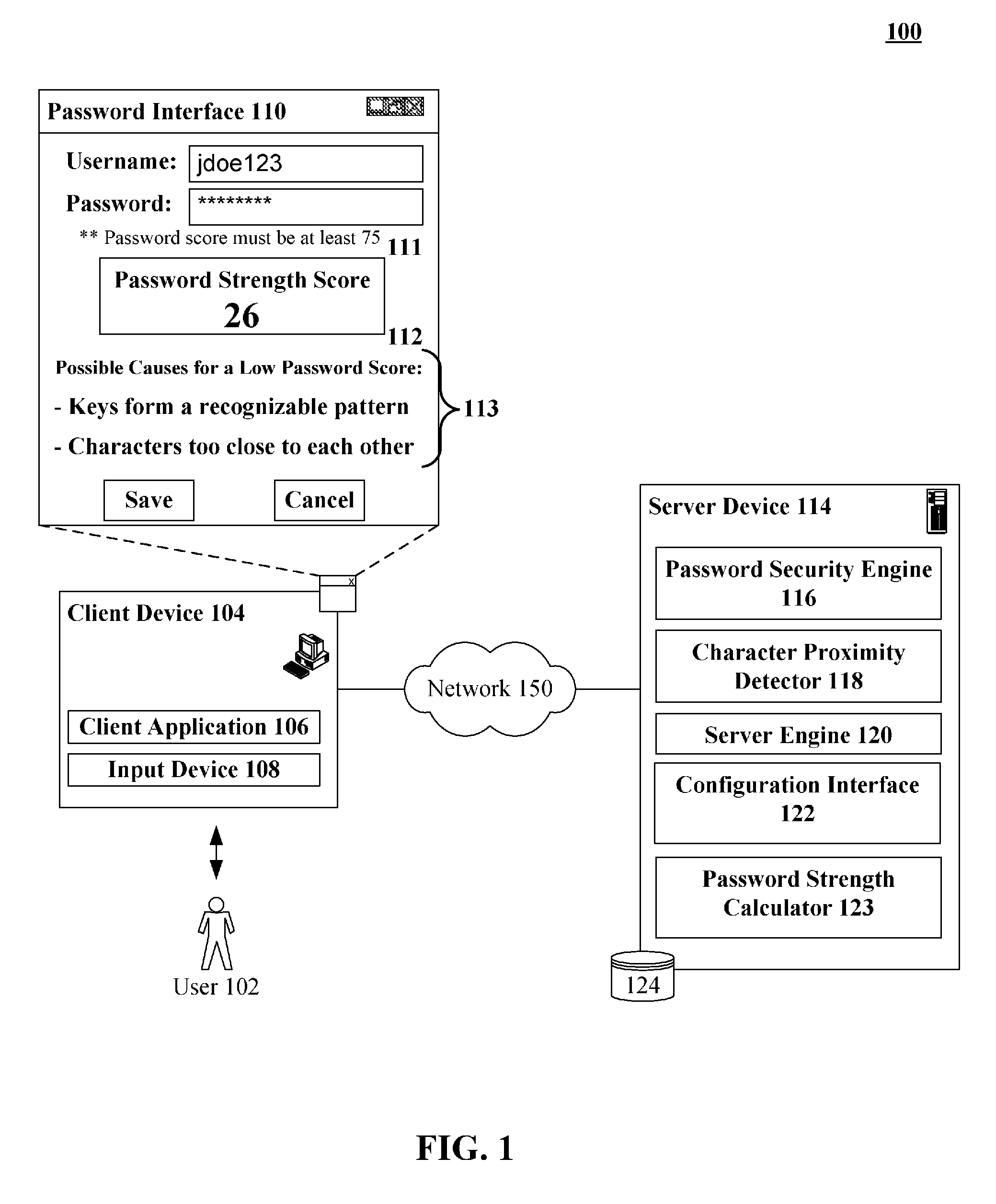 Calculating a password strength score based upon character proximity and relative position upon an input device