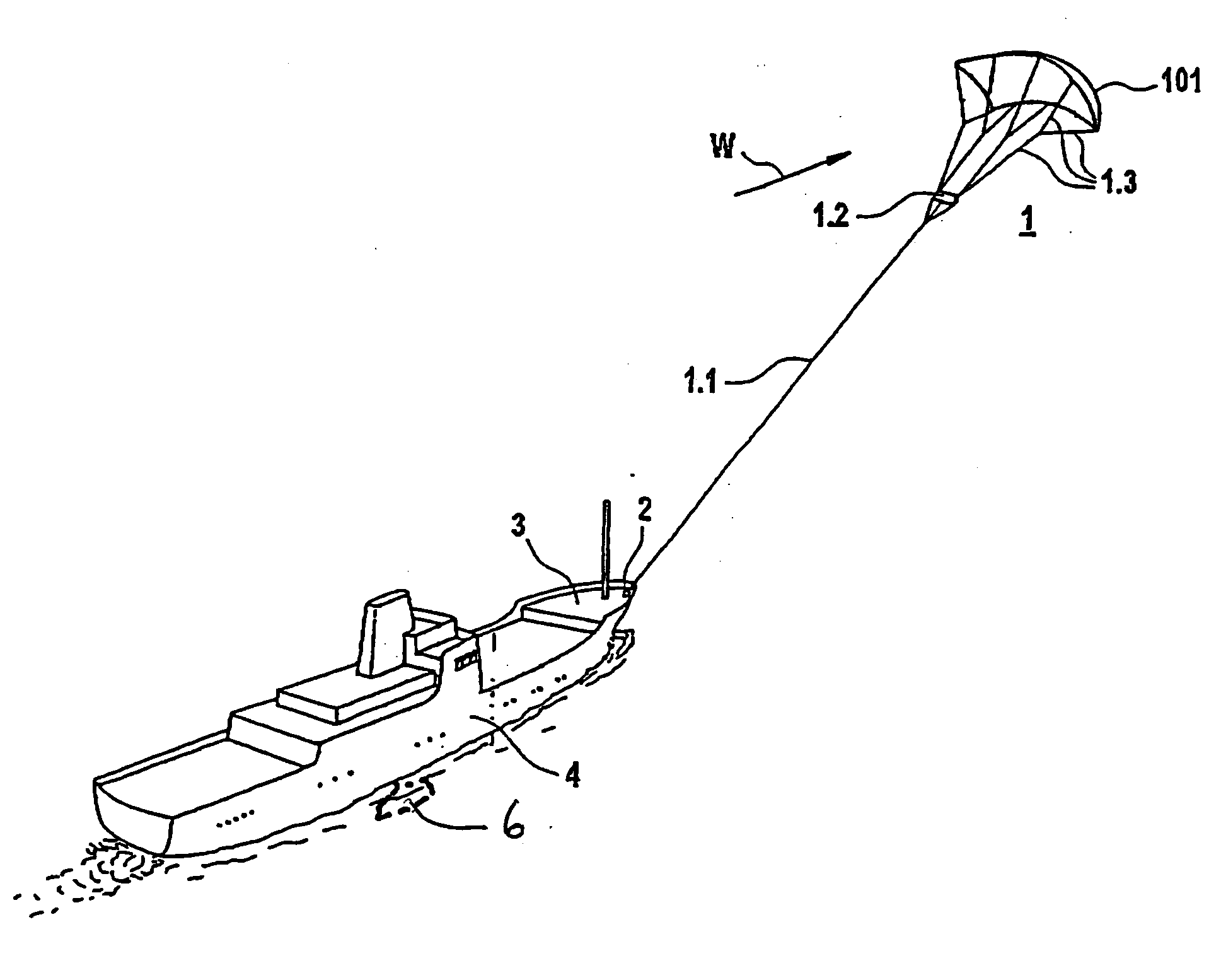 Positioning device for a free-flying kite-type wind-attacked element in a wind-powered watercraft