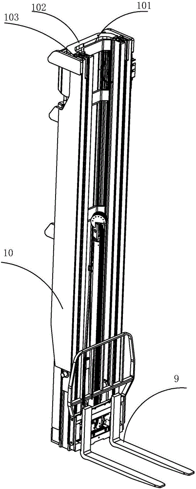 Fork lowering device and fork descent method of electric forklift