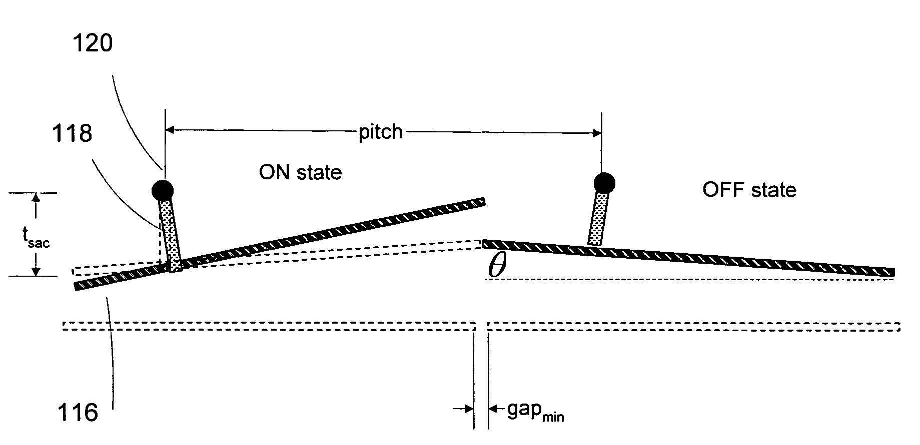 Micromirror having reduced space between hinge and mirror plate of the micromirror