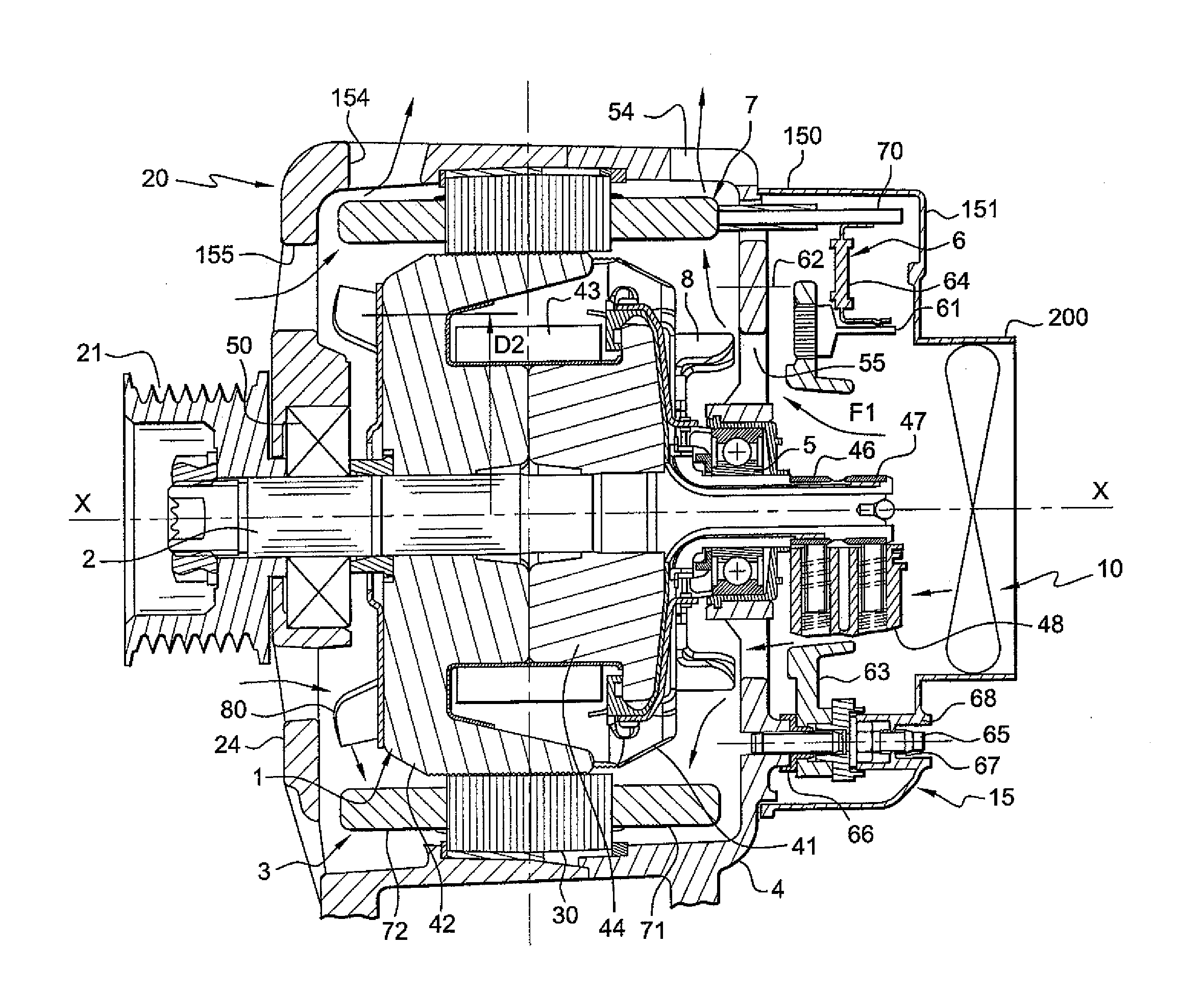 Ventilating system for electrical rotating electrical machines equipped with a forced-fluid flow cooling device and rotating electrical machine comprising same
