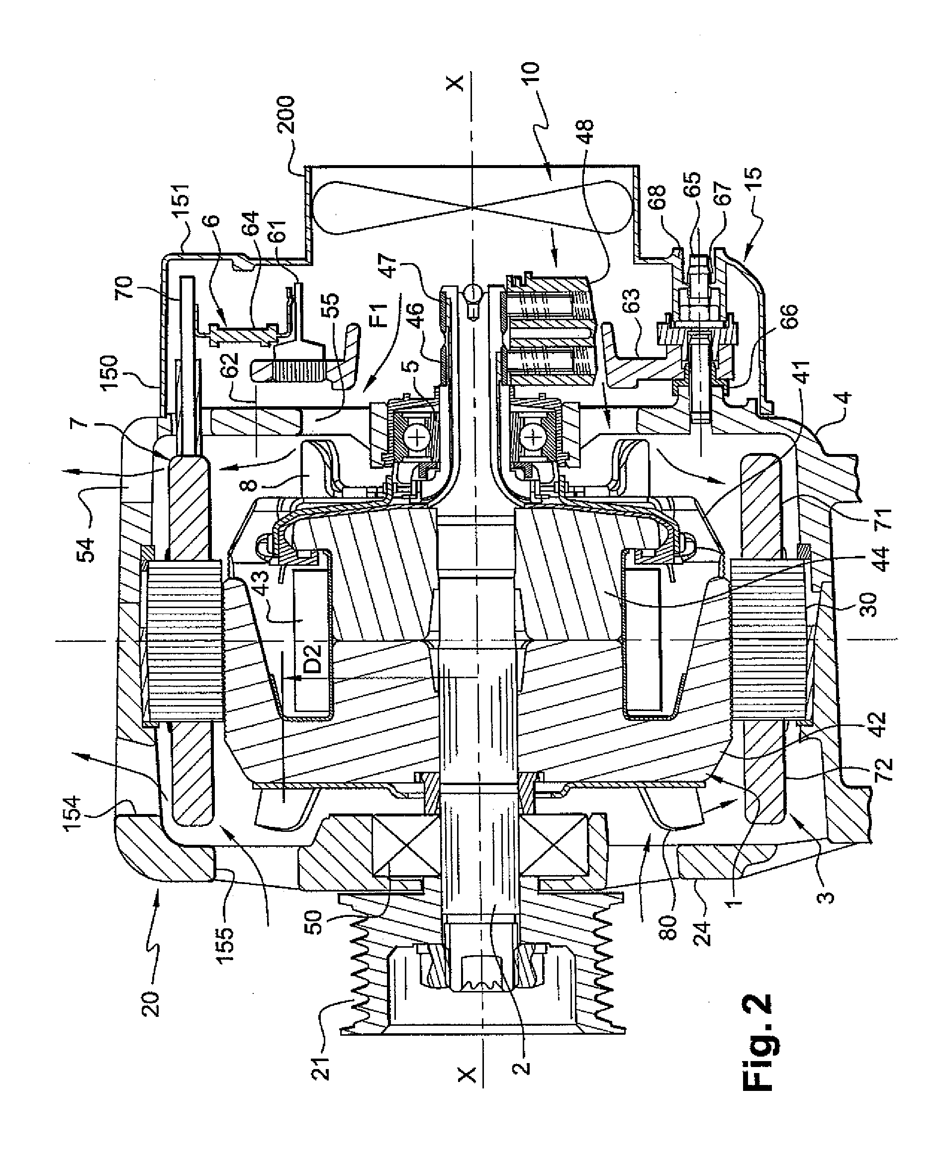 Ventilating system for electrical rotating electrical machines equipped with a forced-fluid flow cooling device and rotating electrical machine comprising same
