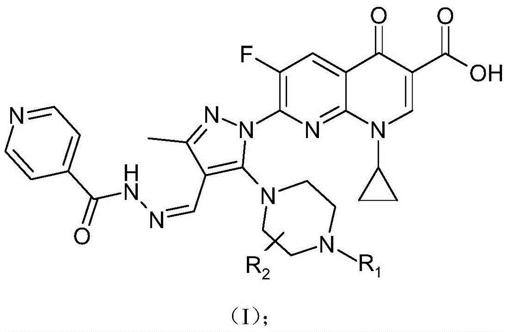 Derivative of 7-(piperazine substituted pyrazole aldehyde isoniazid hydrazone) fluoronaphthyridinone carboxylic acid as well as preparation method and application of derivative