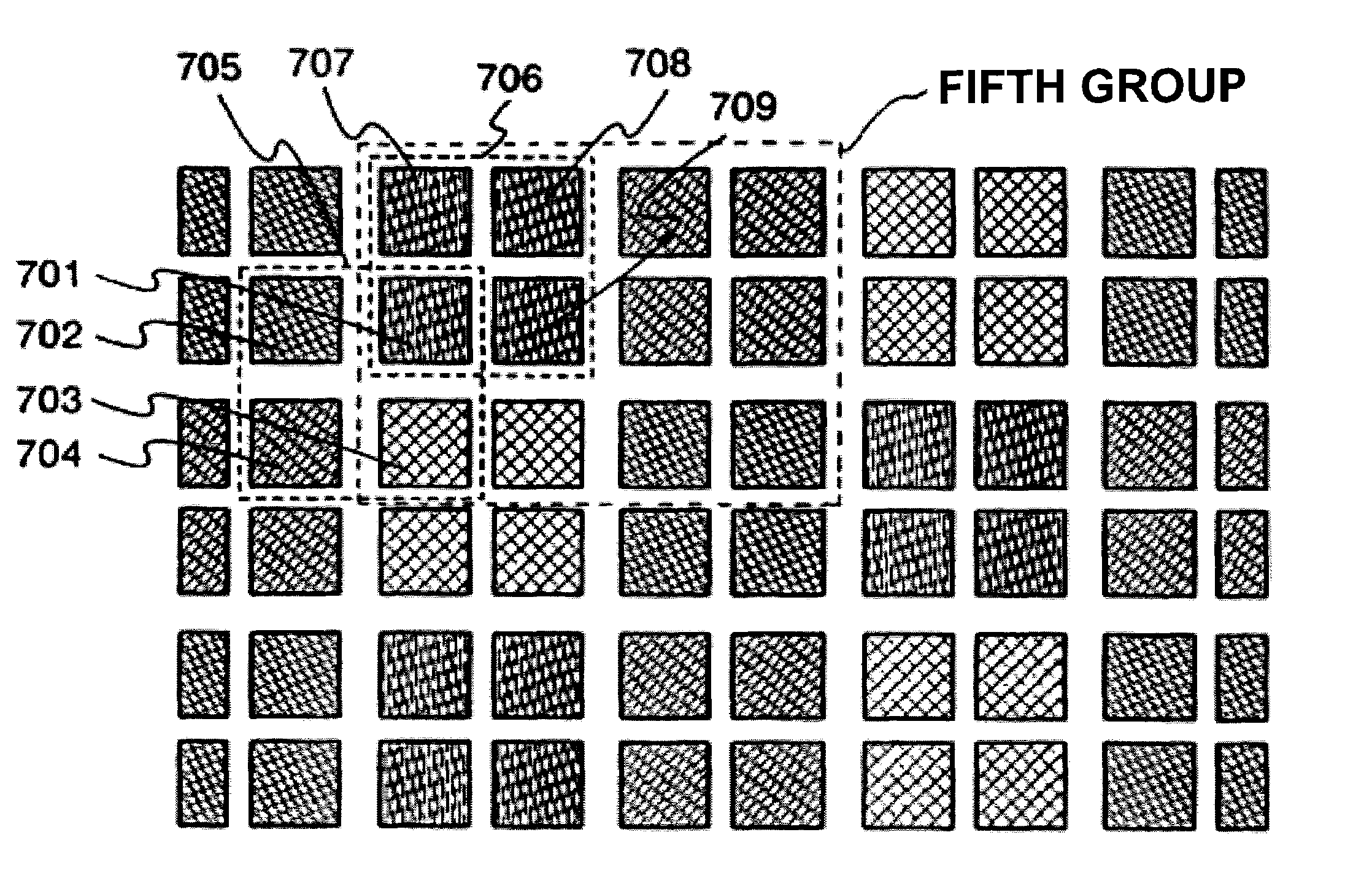Light emitting device with specific four color arrangement