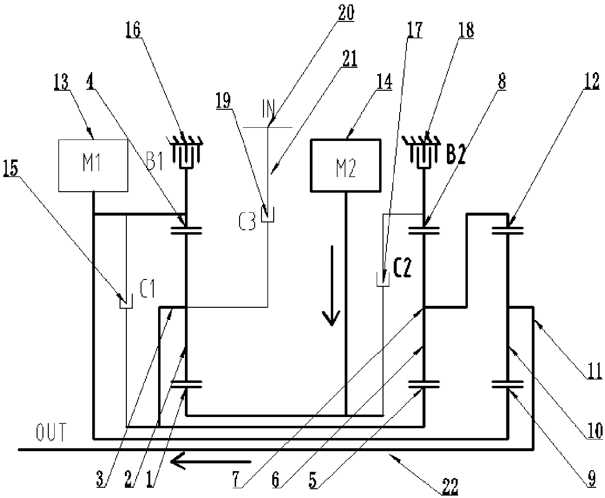 Three-planet-row hybrid power system, hybrid power method and hybrid electric vehicle