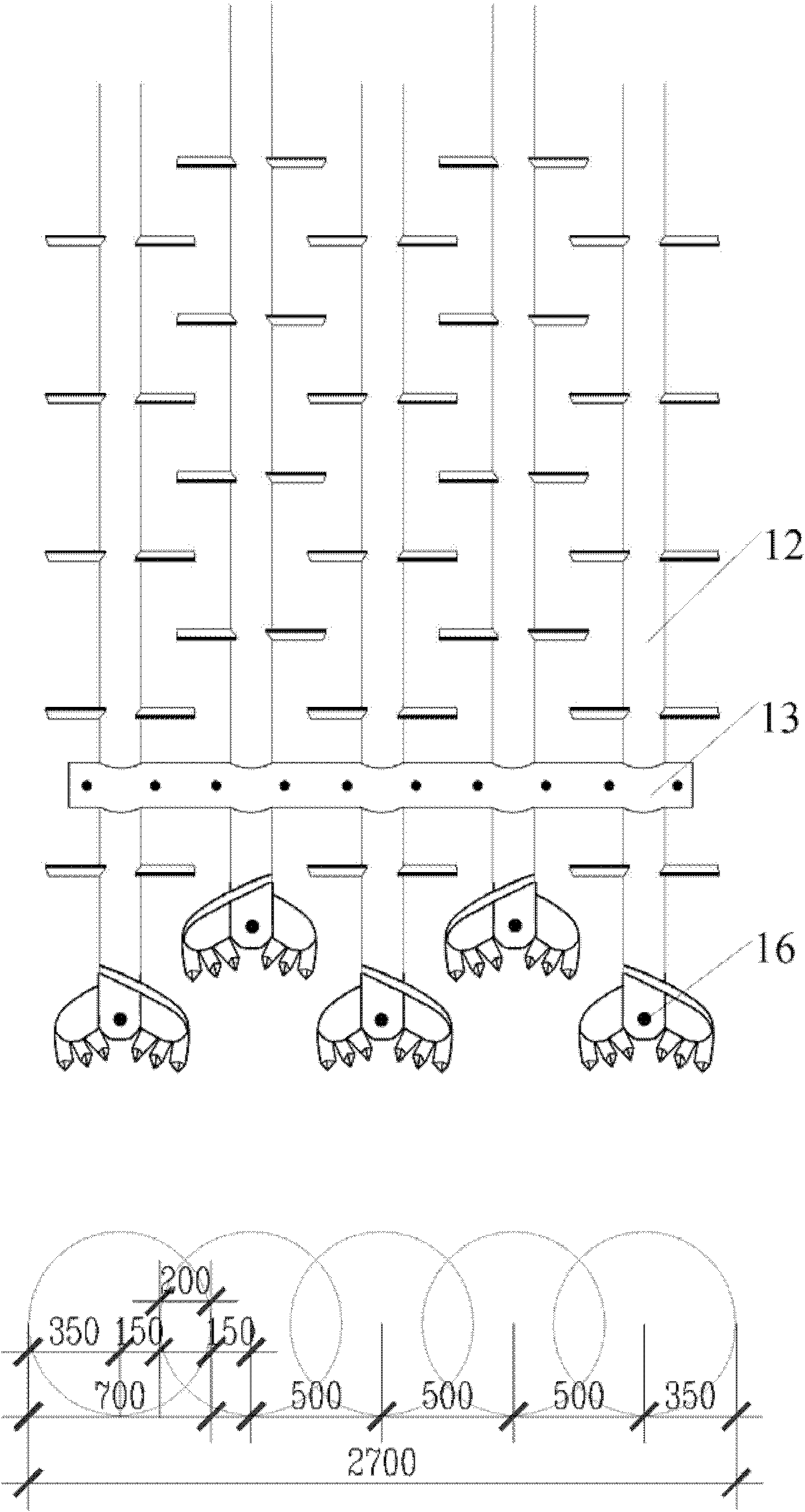 Five-axis cement-soil mixing pile device and construction method