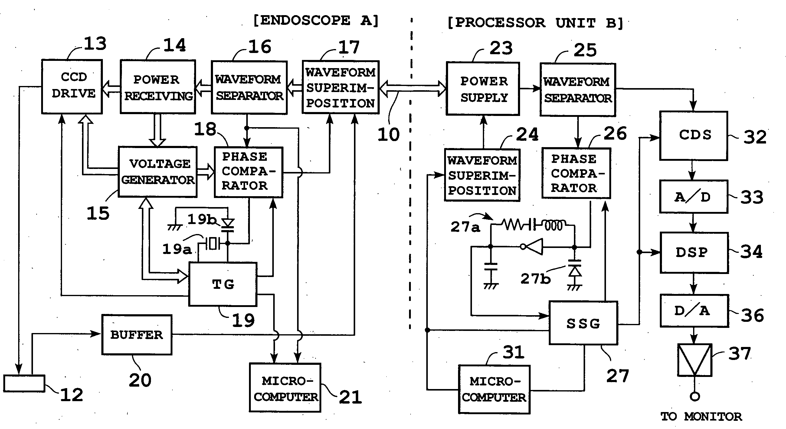 Electronic endoscope apparatus which superimposes signals on power supply
