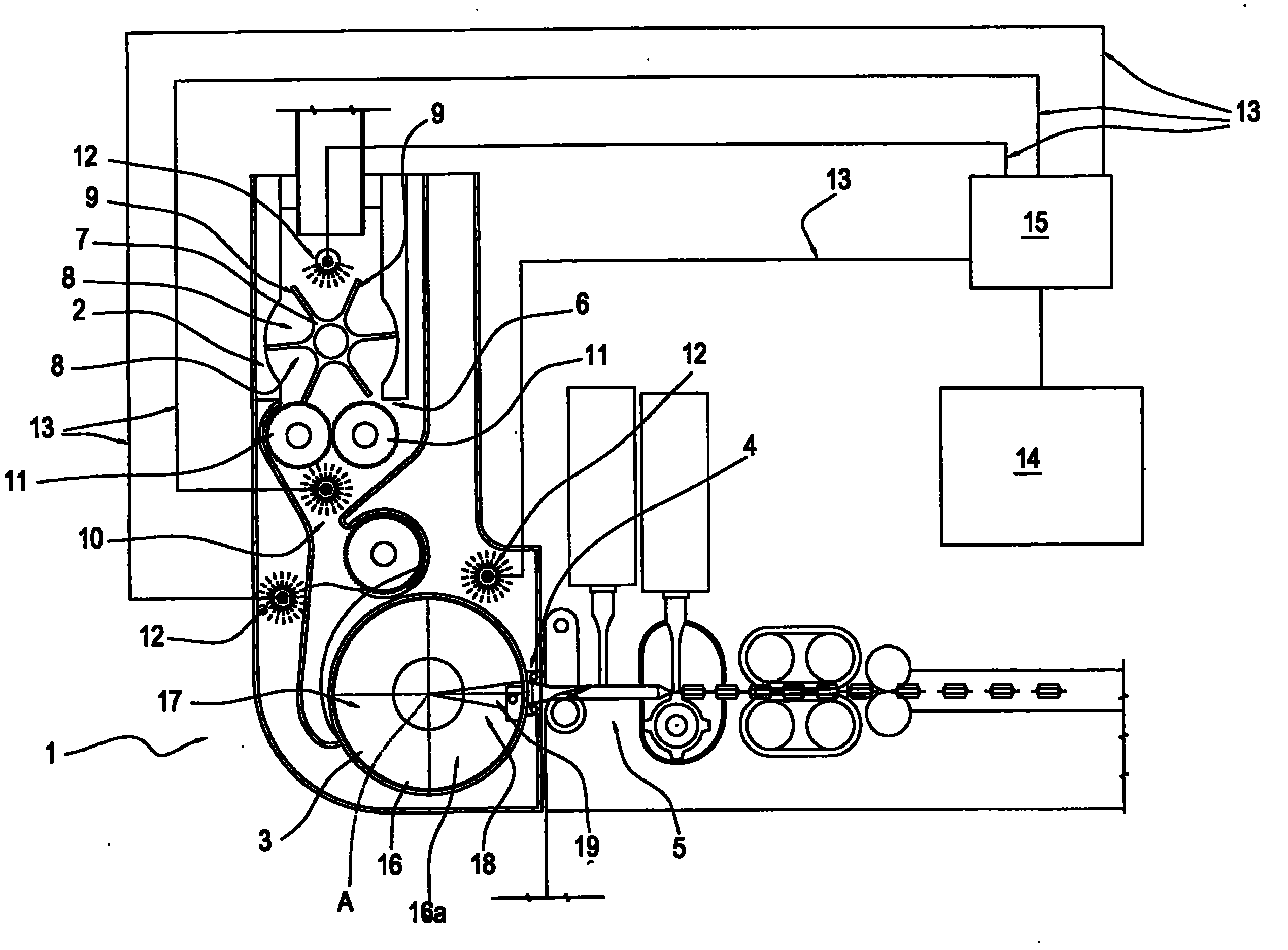 A flushing device in machines for manufacturing single pouches of cohesionless material and in systems for portioning and packaging tobacco molasses