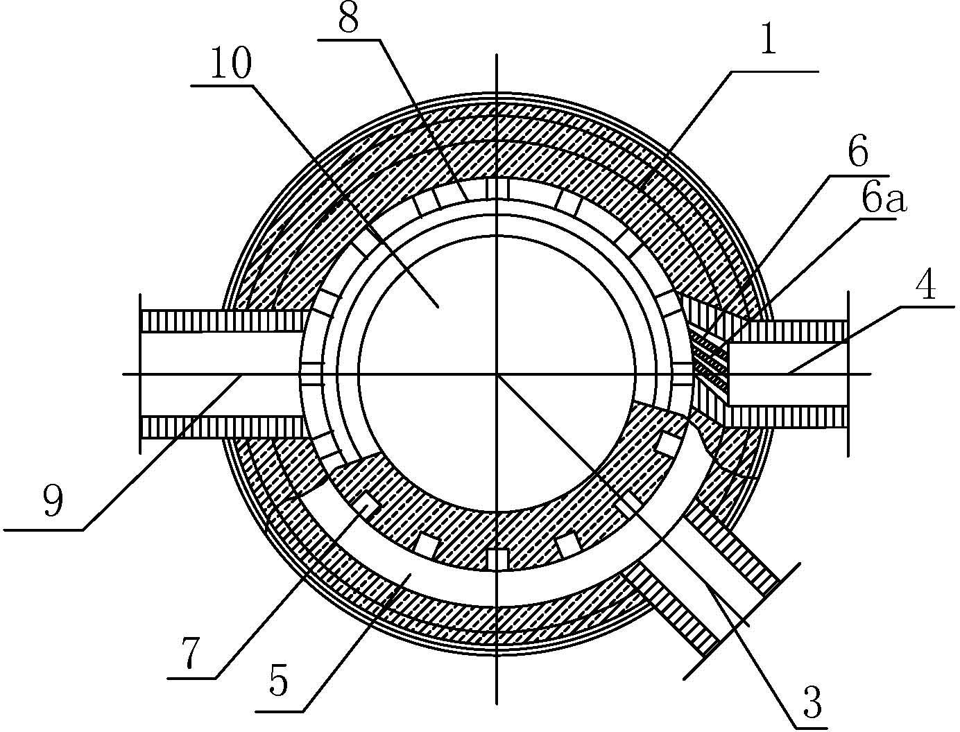 Combustion device for rotational flow mixed combustion by spraying air above uniformly distributed gas jets in loop