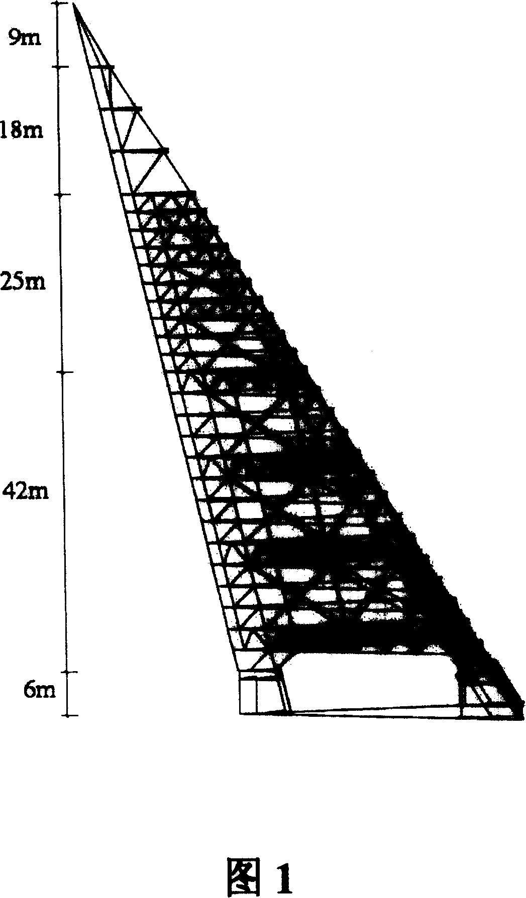 Inclined triangular pyramid truss type frame construction and method for making, mounting and measuring the same