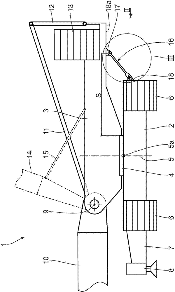 Crane, device and method for deflecting forces on crane