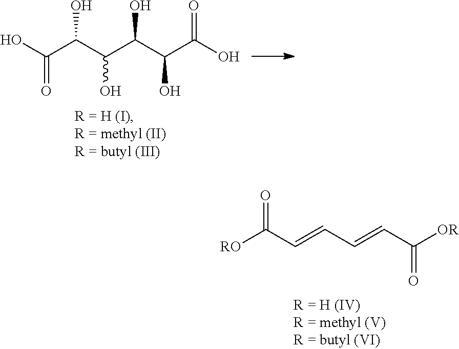 Synthesis and purification of muconic acid ester from aldaric acid esters