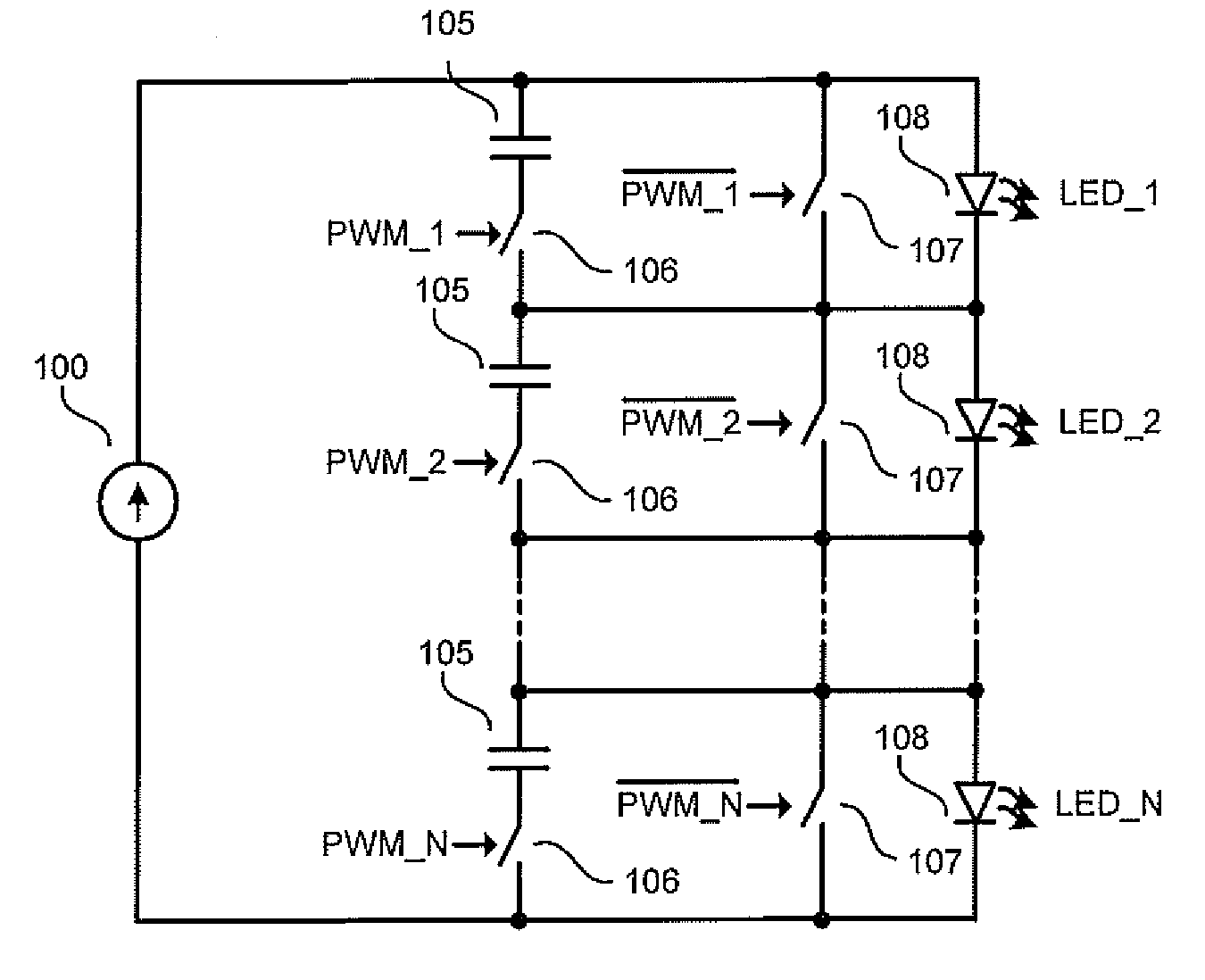 Shunting type pwm dimming circuit for individually controlling brightness of series connected leds operated at constant current and method therefor