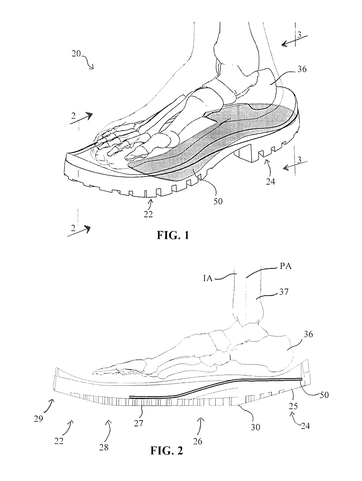 Footwear with tapered heel, support plate, and impact point measurement methods therefore