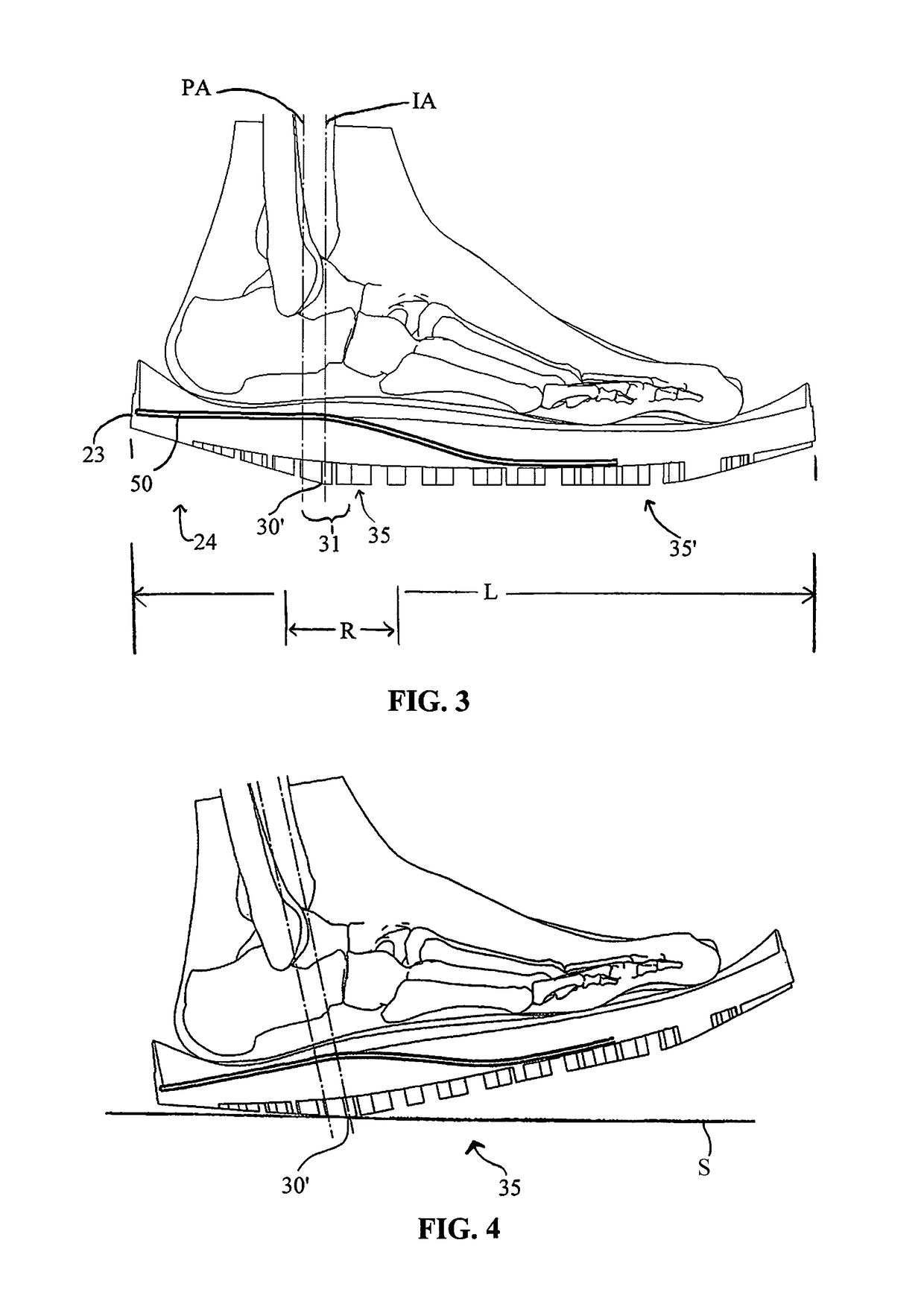 Footwear with tapered heel, support plate, and impact point measurement methods therefore