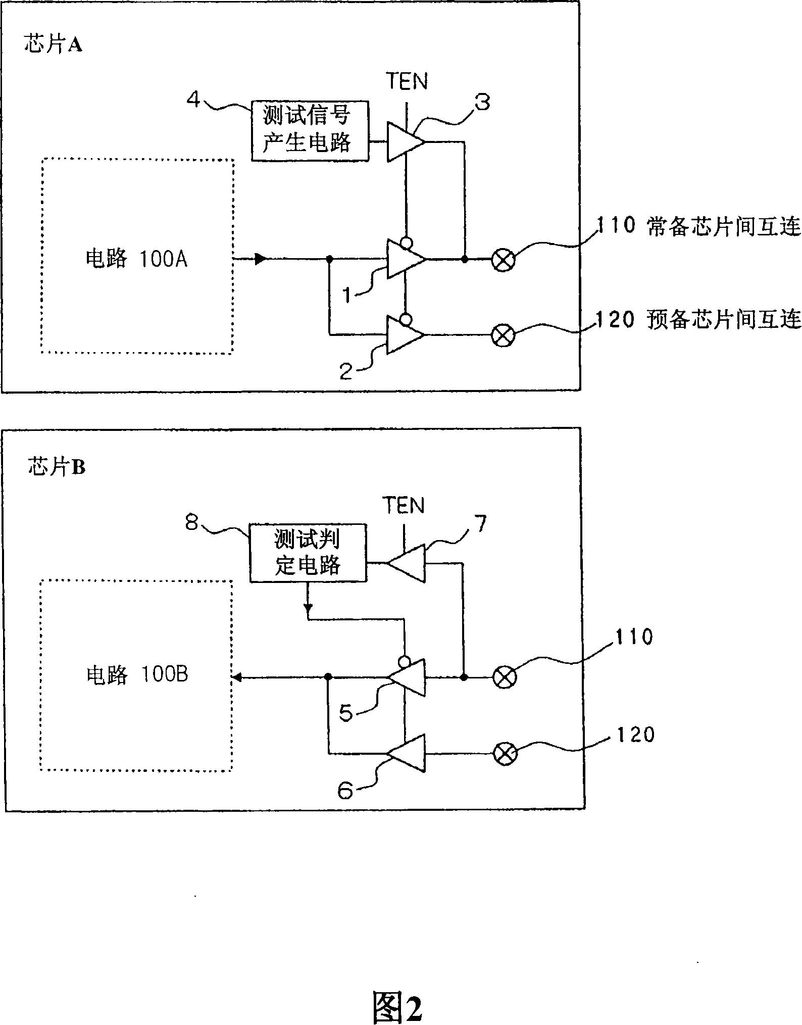 Semiconductor device, semiconductor chip, method for testing wiring between chips and method for switching wiring between chips