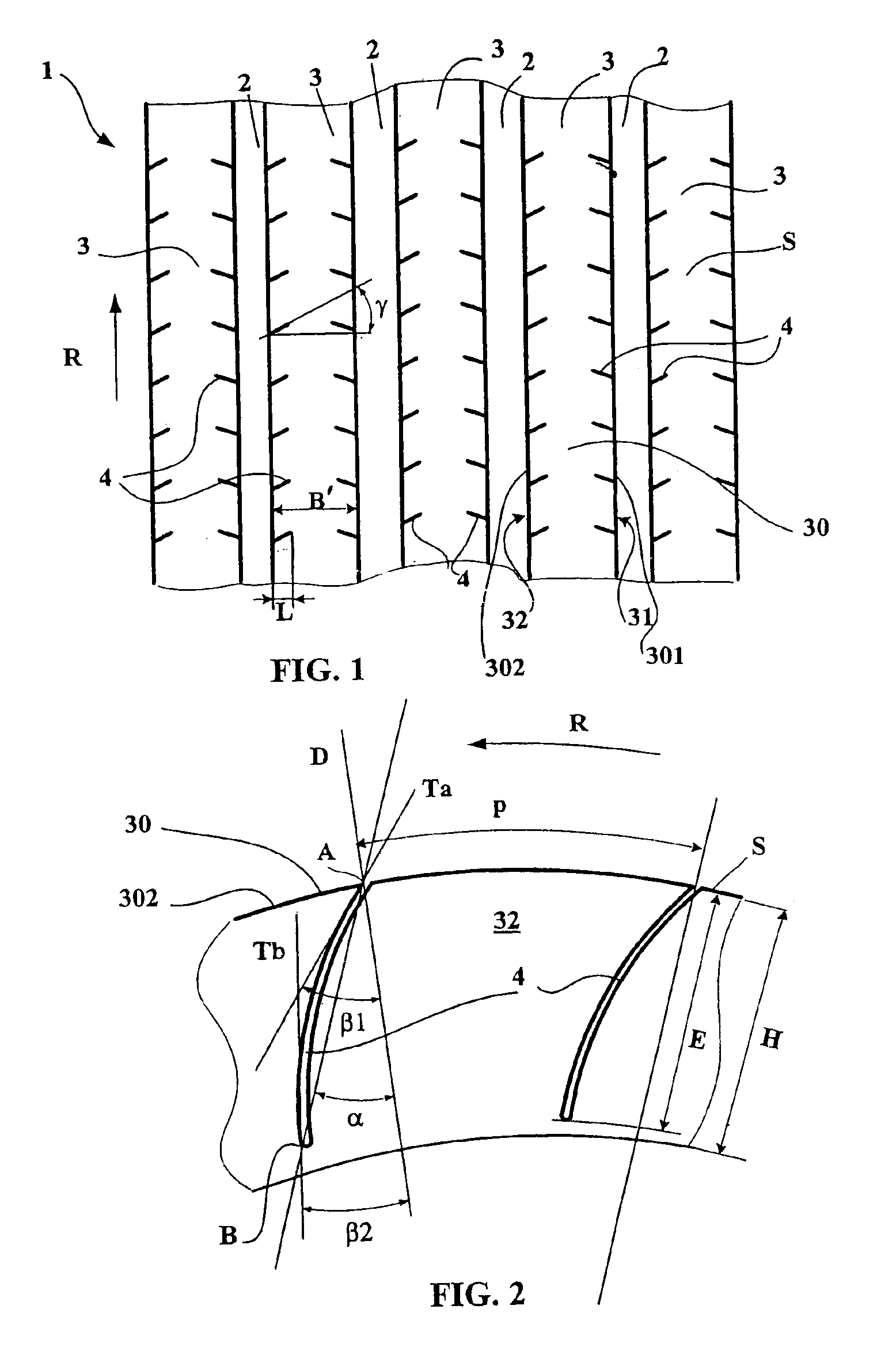 Tread comprising ribs provided with incisions of varying inclination