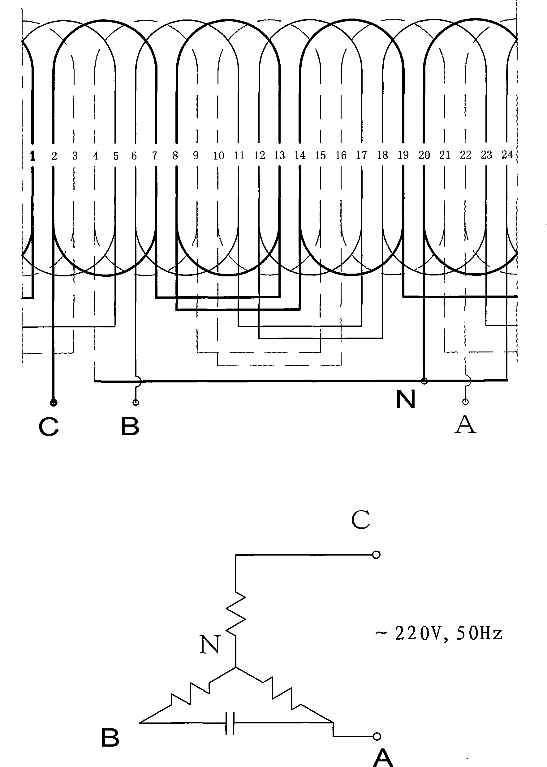 Electromagnetic design method for Y-wiring single phase capacitance run motor