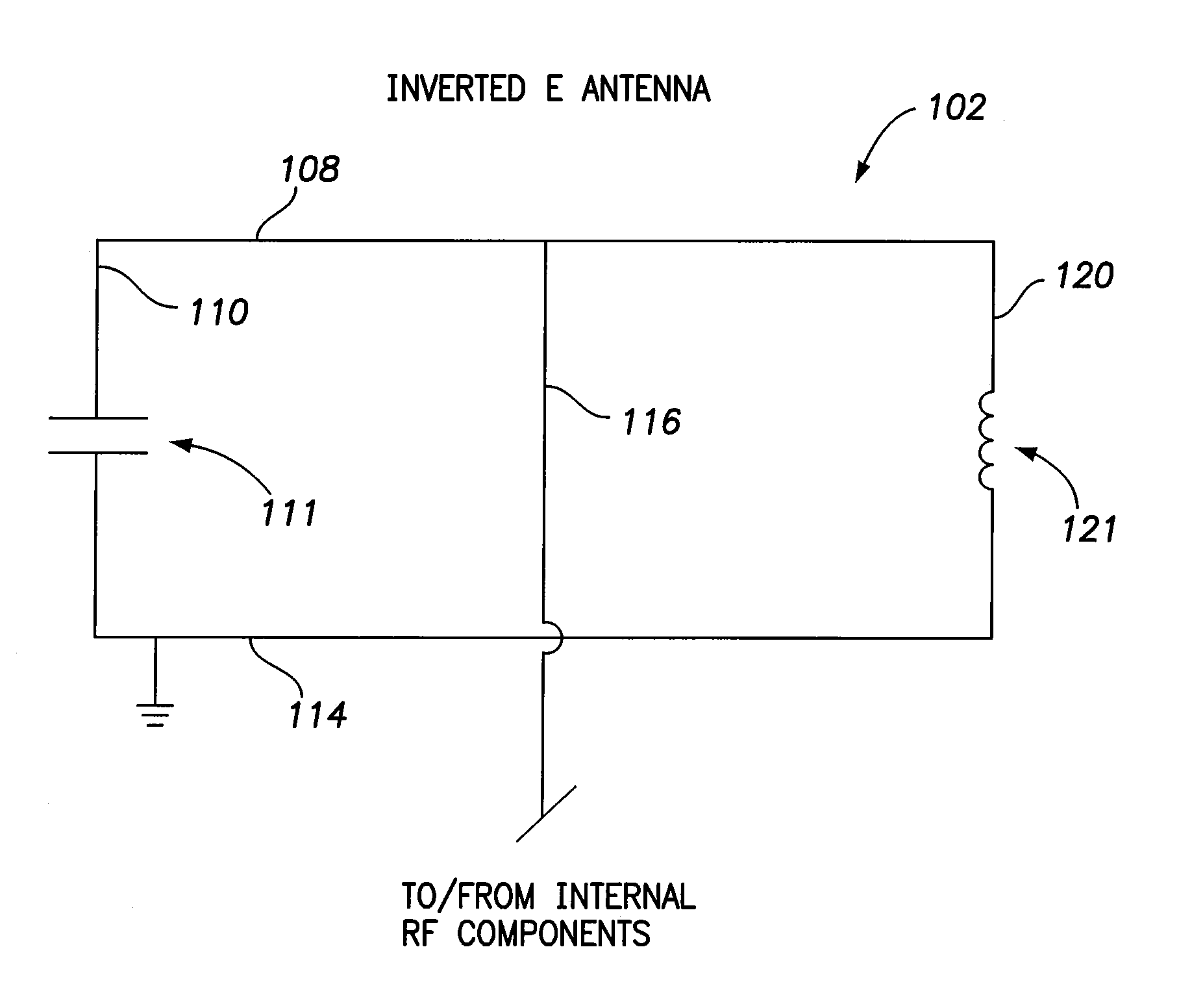 Inverted e antenna with parallel plate capacitor formed along an arm of the antenna for use with an implantable medical device