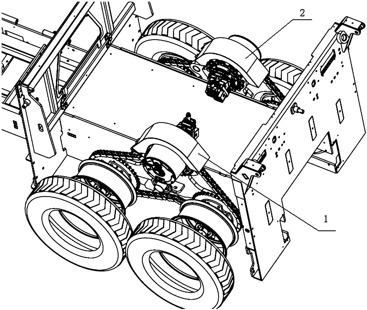 Swinging frame type rear wheel driving structure for spreading machine