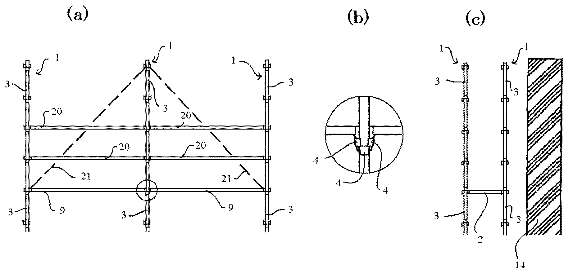 Strut-equipped tie member and temporary scaffold